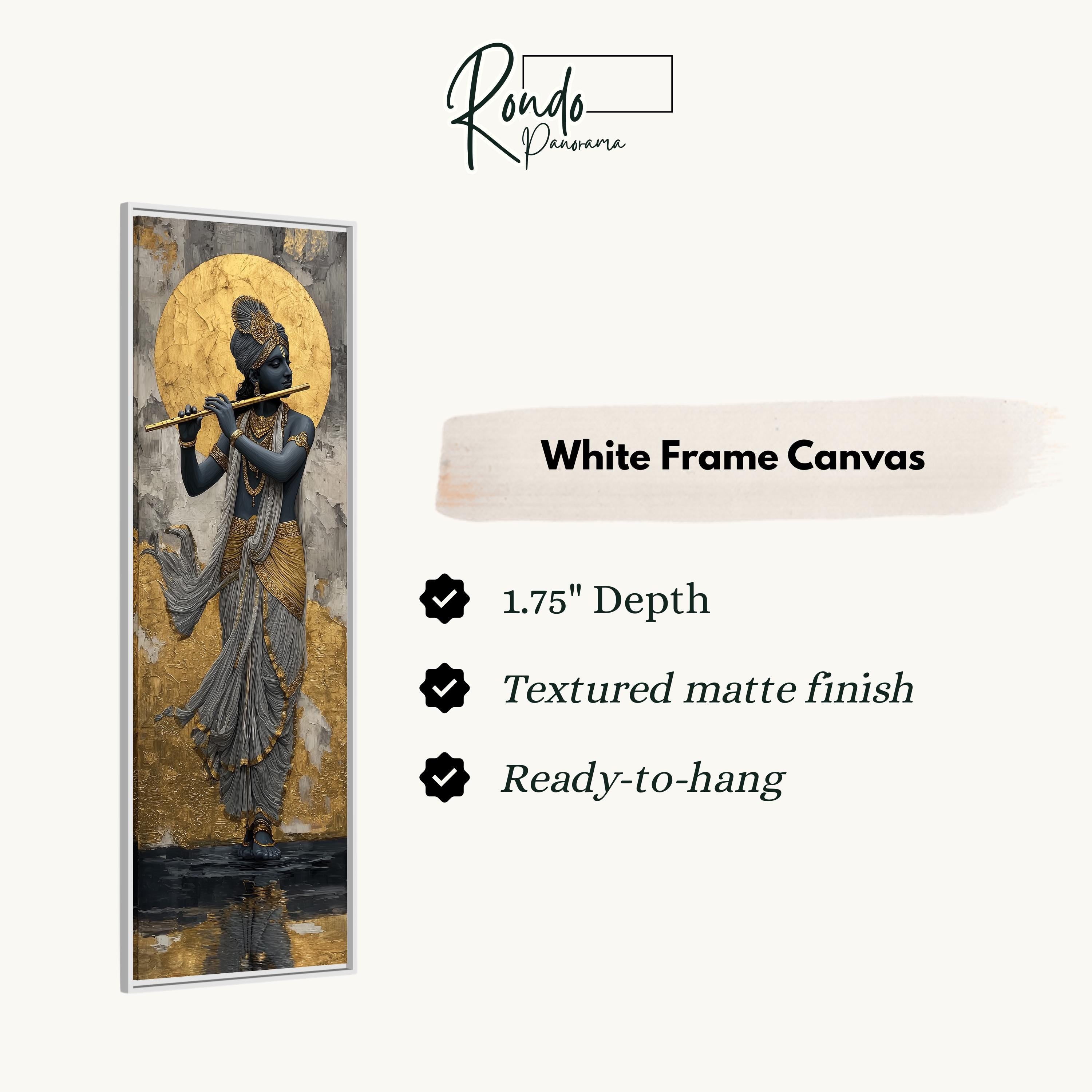 The image is a white frame canvas featuring a painting of a person playing a flute.
