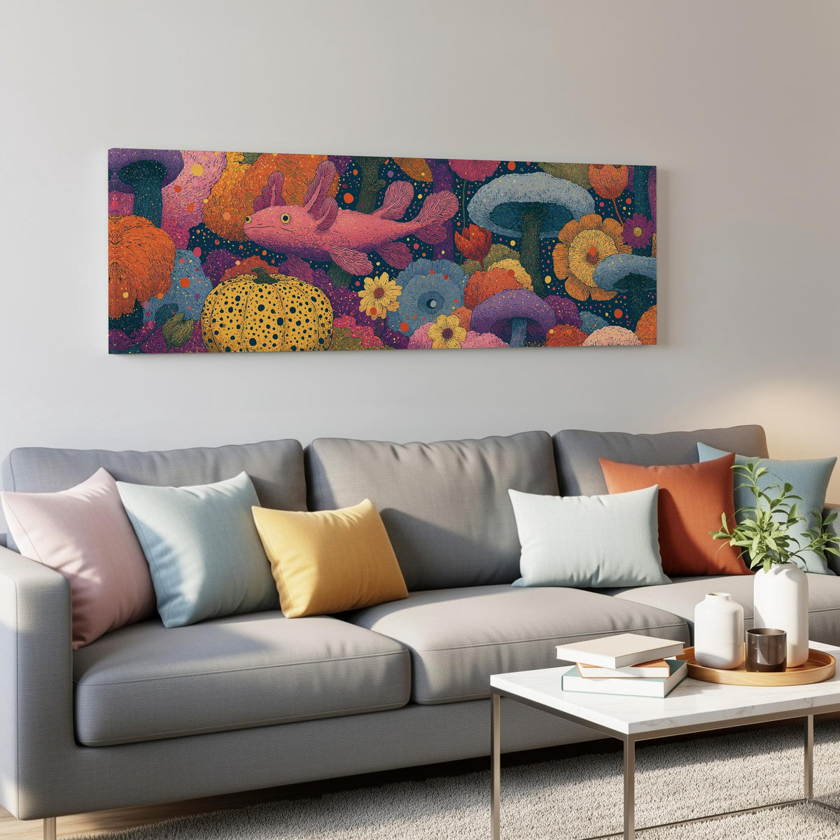 Fantasy mushrooms with a pink creature panoramic canvas print above a grey sofa in a living room