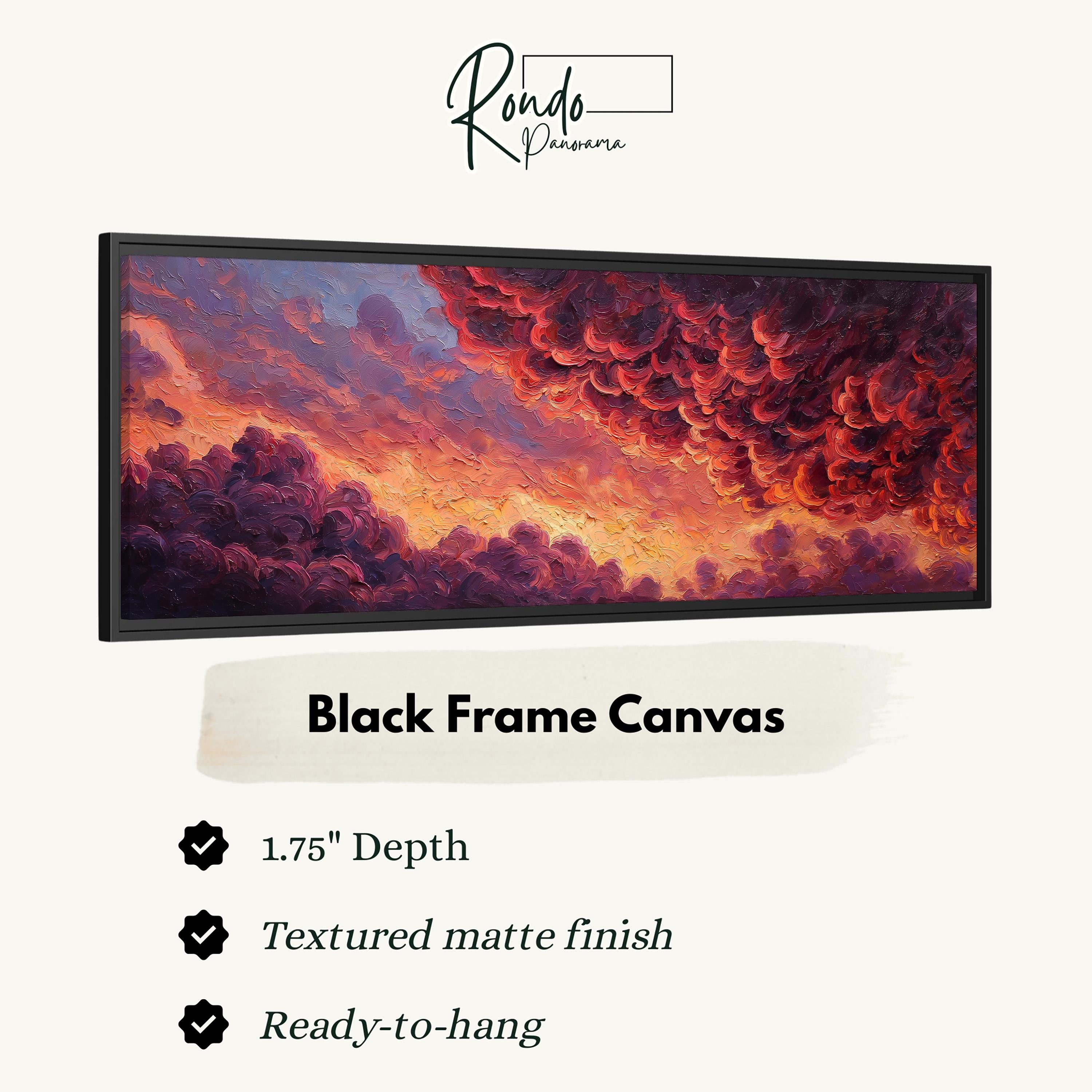 The image is a black frame canvas depicting a vibrant sunset with clouds.