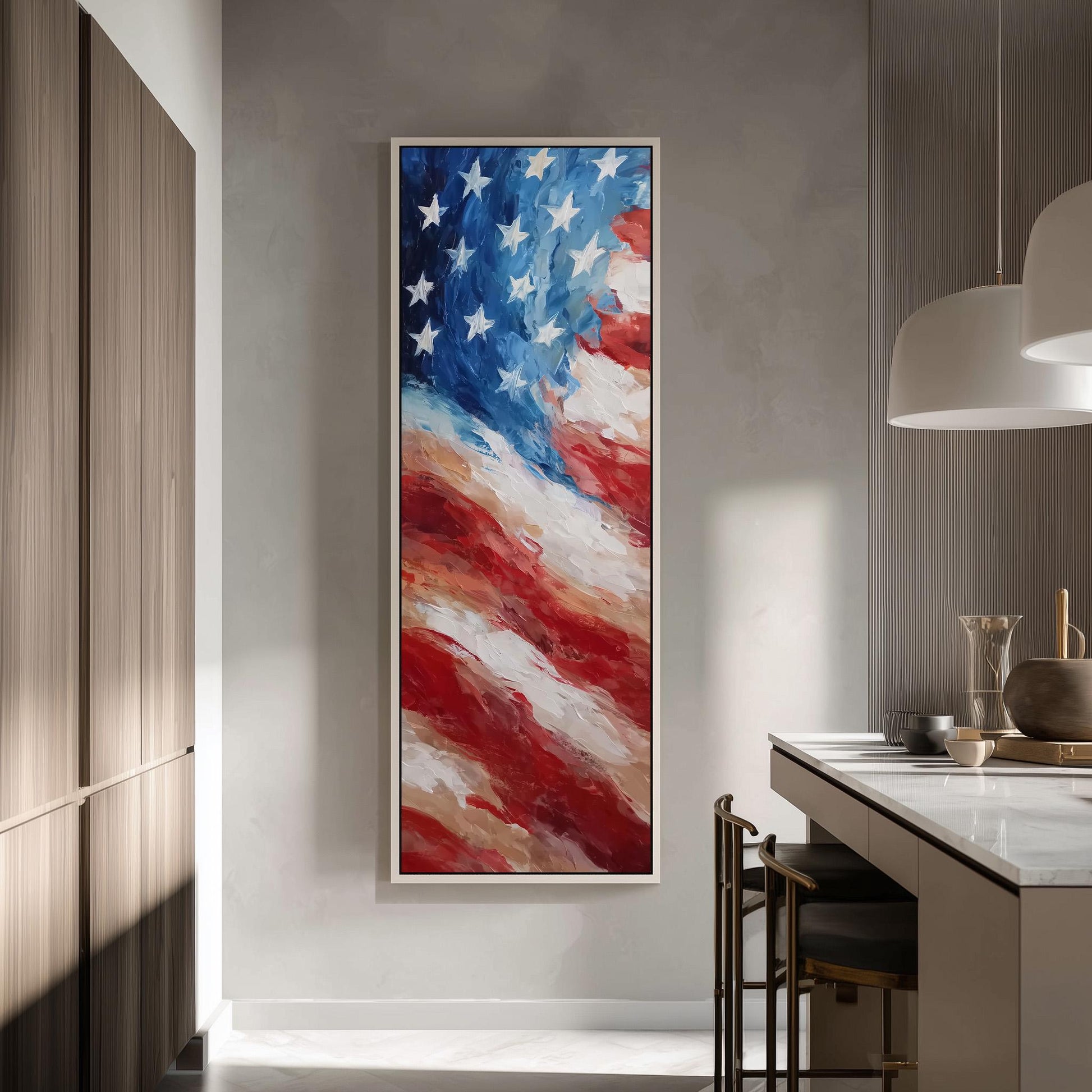 a large, colorful painting of the American flag hanging on a wall in a modern kitchen.