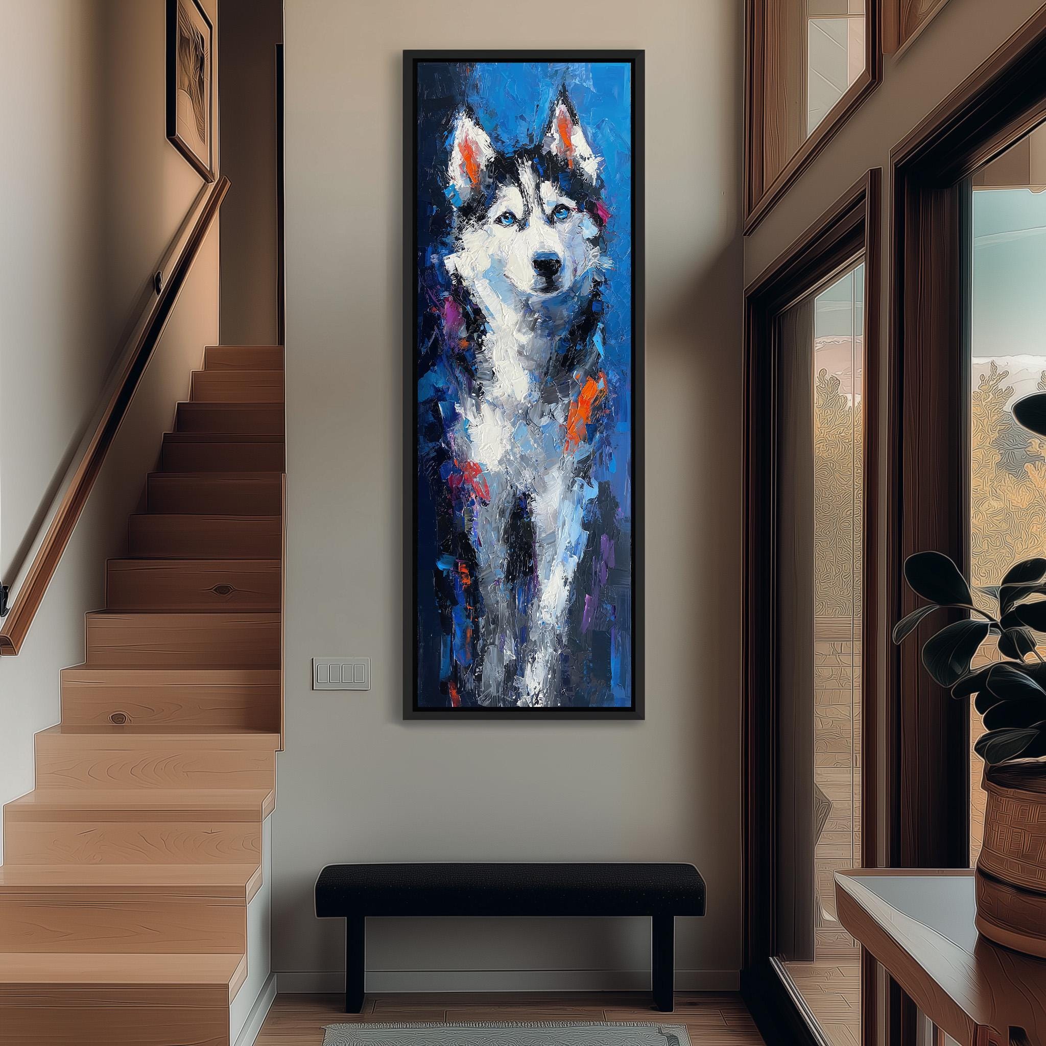 a large, colorful painting of a husky dog hanging on the wall in a hallway.