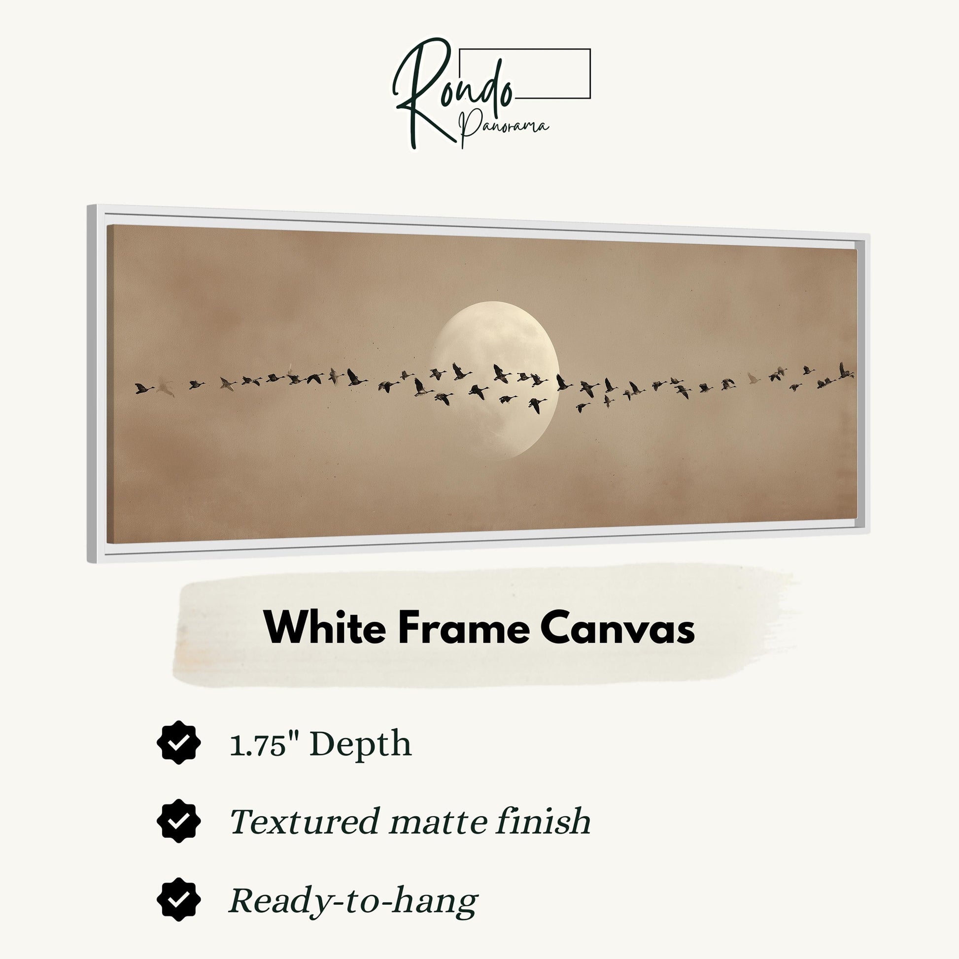 a white frame canvas with a large full moon and a flock of birds flying in the sky.