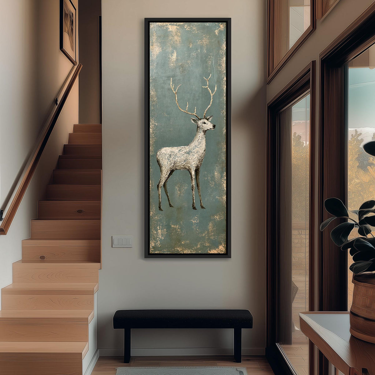 Pale stag with gold antlers on distressed teal tall narrow canvas print beside a staircase in an entryway
