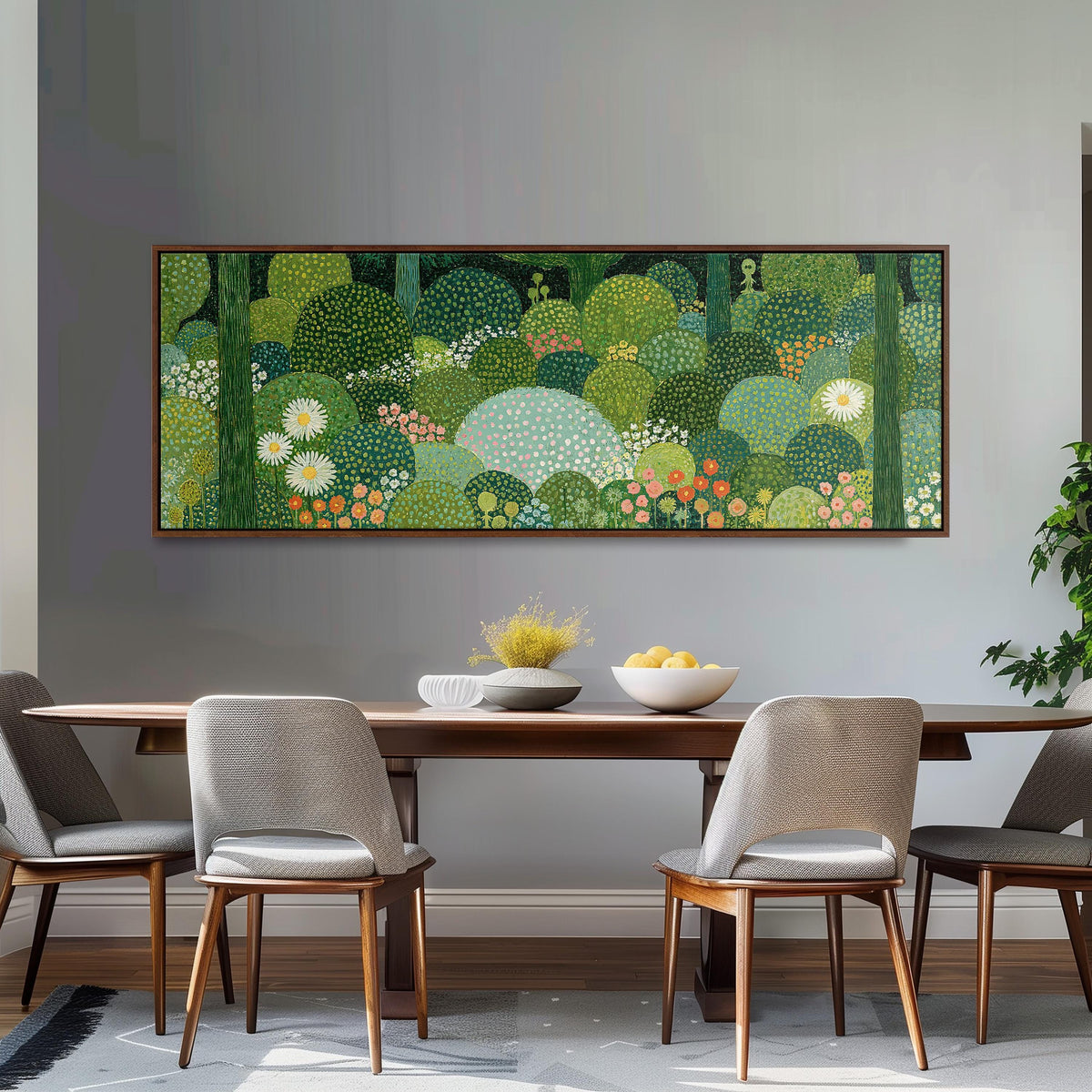 Whimsical dotted topiary garden long horizontal canvas print above a dining table