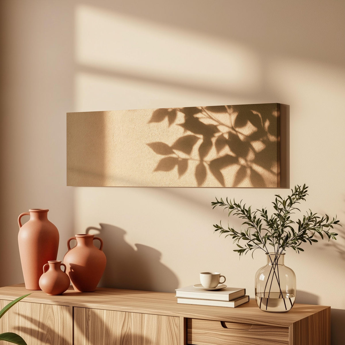 Leaf shadows on a golden plaster wall long horizontal canvas print above a wooden sideboard