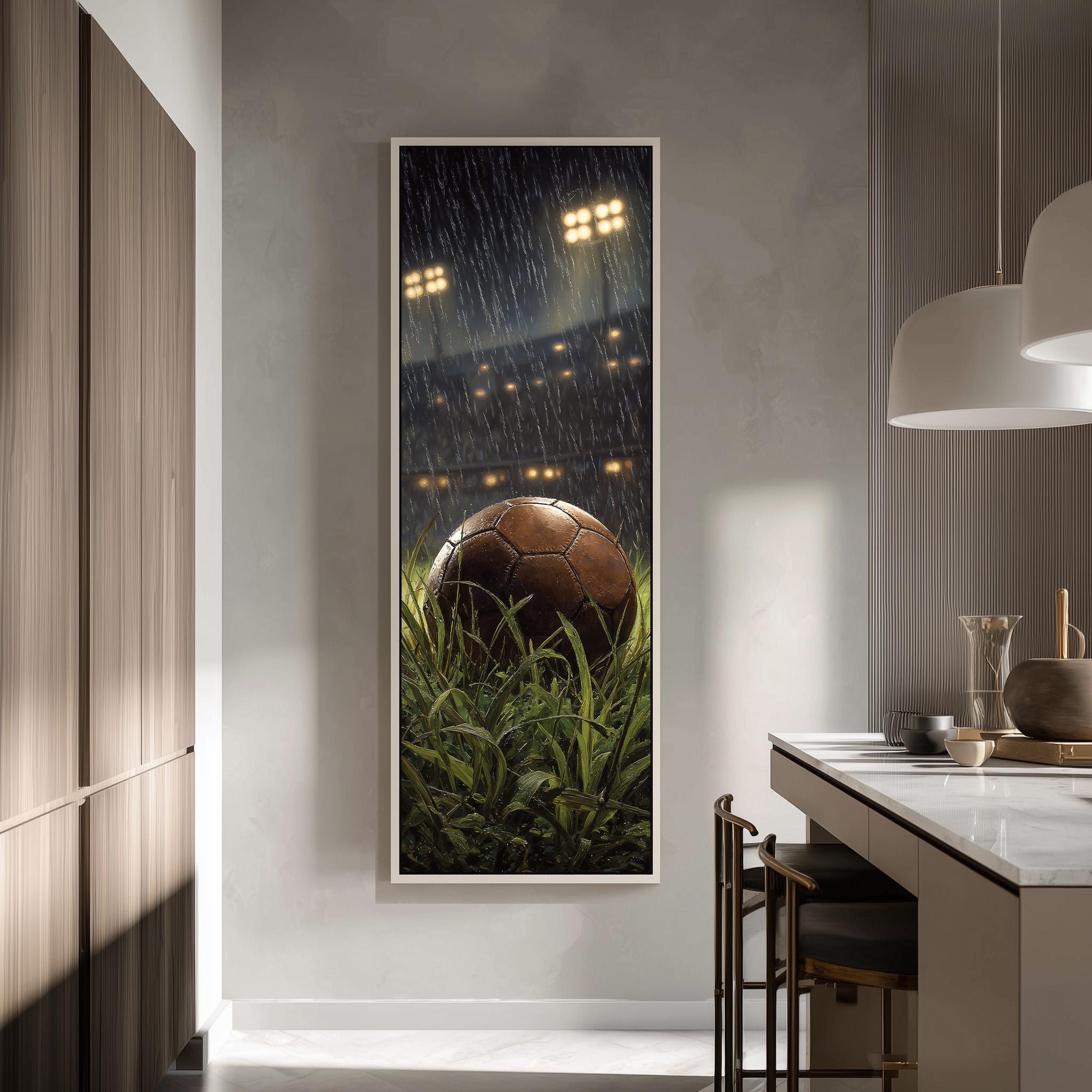 a framed painting of a soccer ball surrounded by grass and plants, with a rainy night scene in the background.