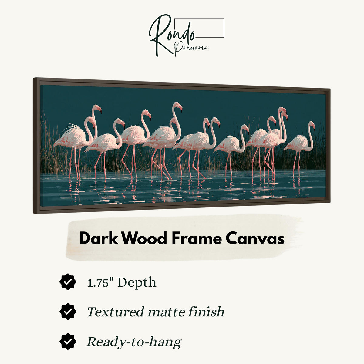 Blush pink flamingos on dark teal water canvas print in a dark wood floating frame