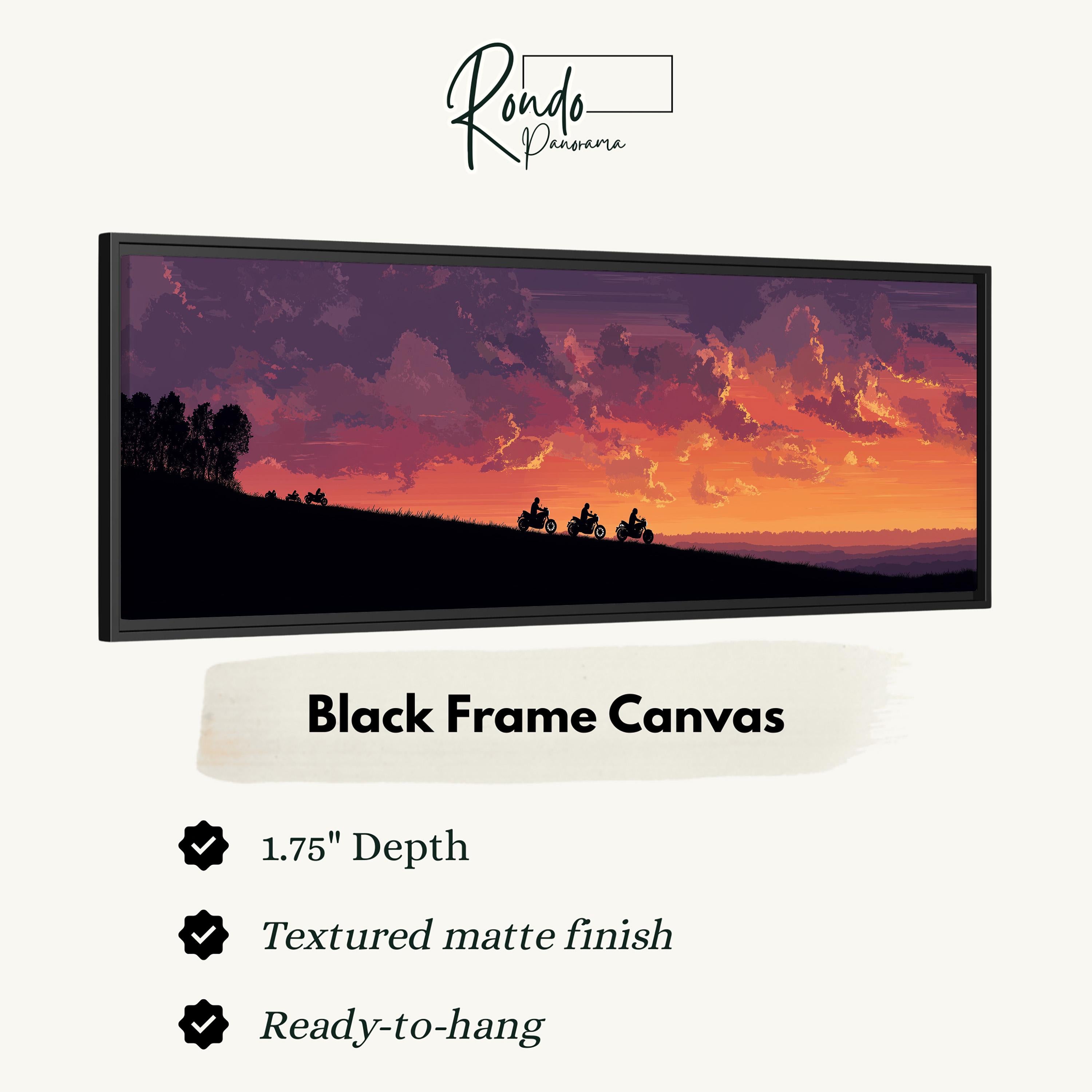 The image is a black frame canvas depicting a sunset over a hill with silhouetted figures riding motorcycles.