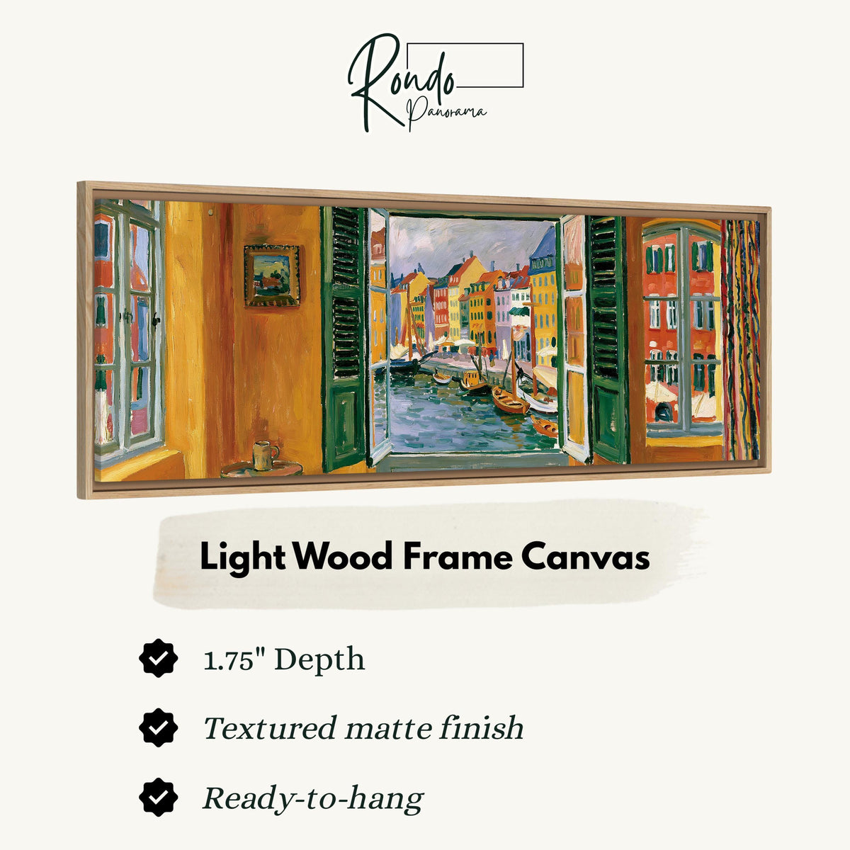 Copenhagen's colorful canal through a window canvas print in a light wood floating frame