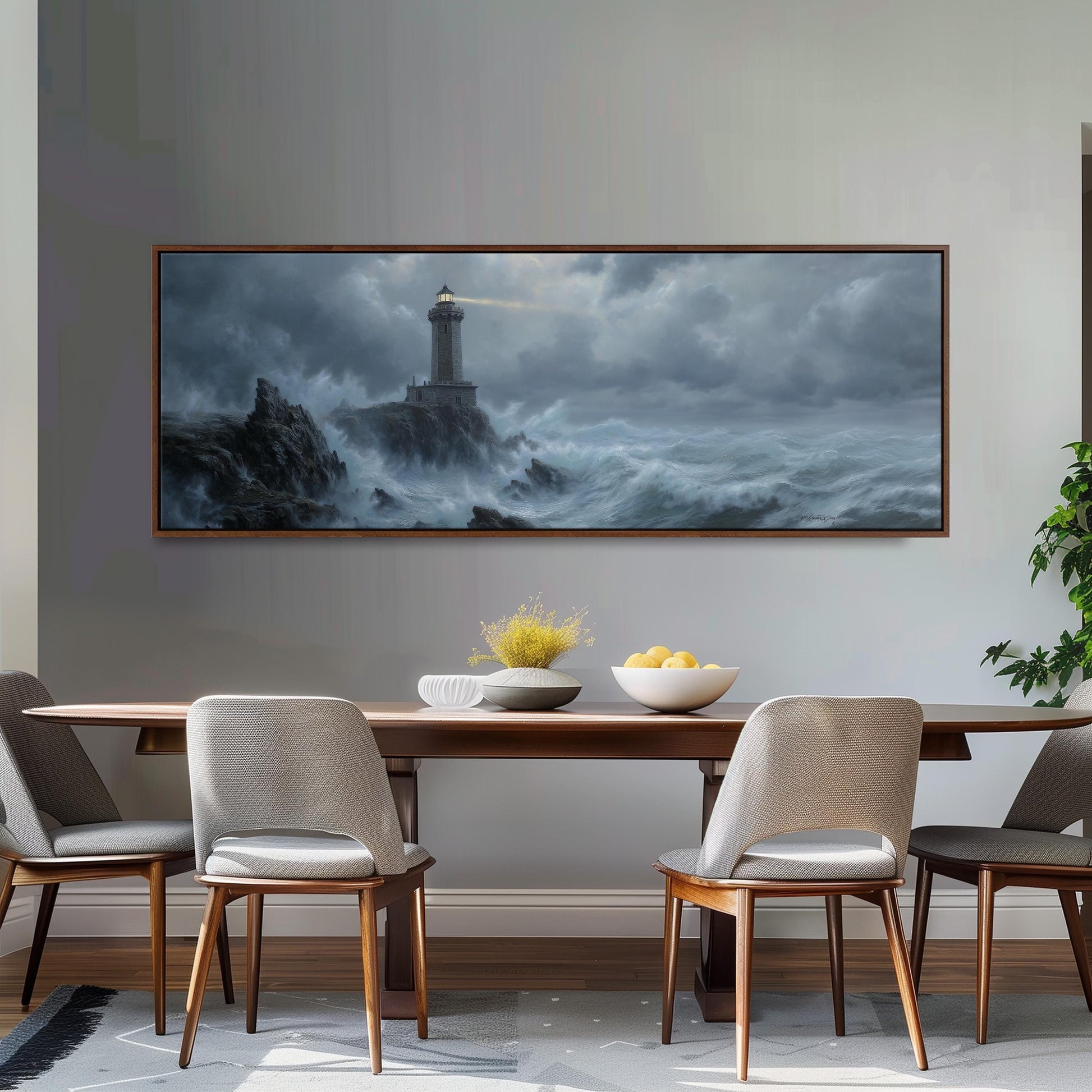 a large painting of a lighthouse on a stormy sea hanging on a wall above a wooden dining table with four chairs.