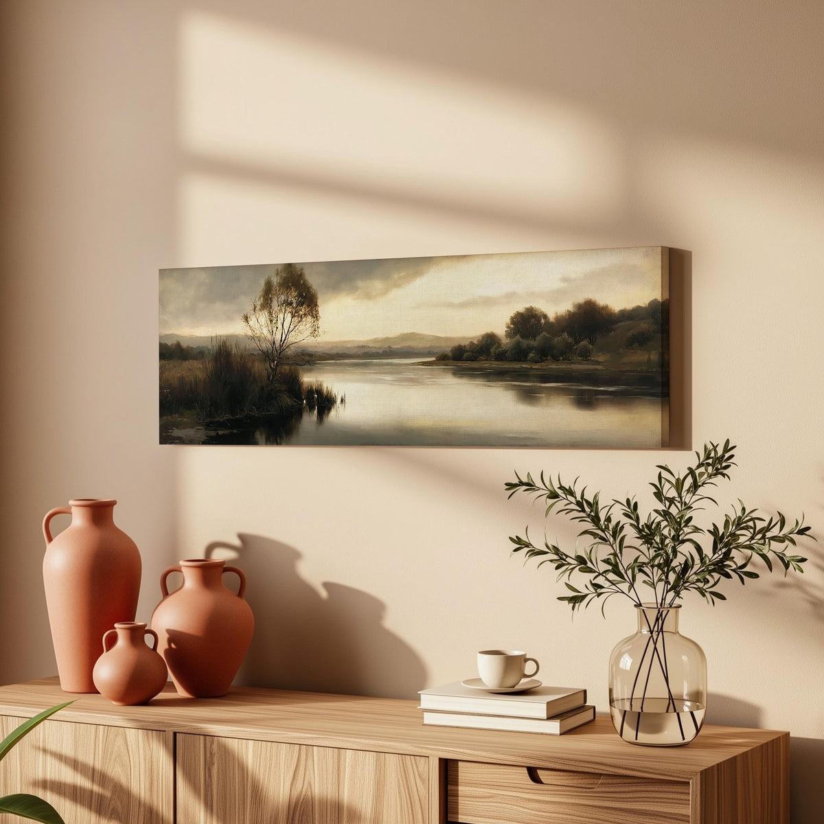 Misty river reflection at dusk long horizontal canvas print above a wooden sideboard