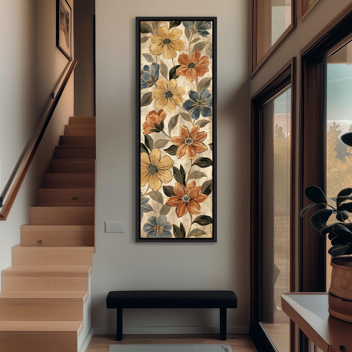Gold and blue floral pattern tall narrow canvas print beside a staircase in an entryway