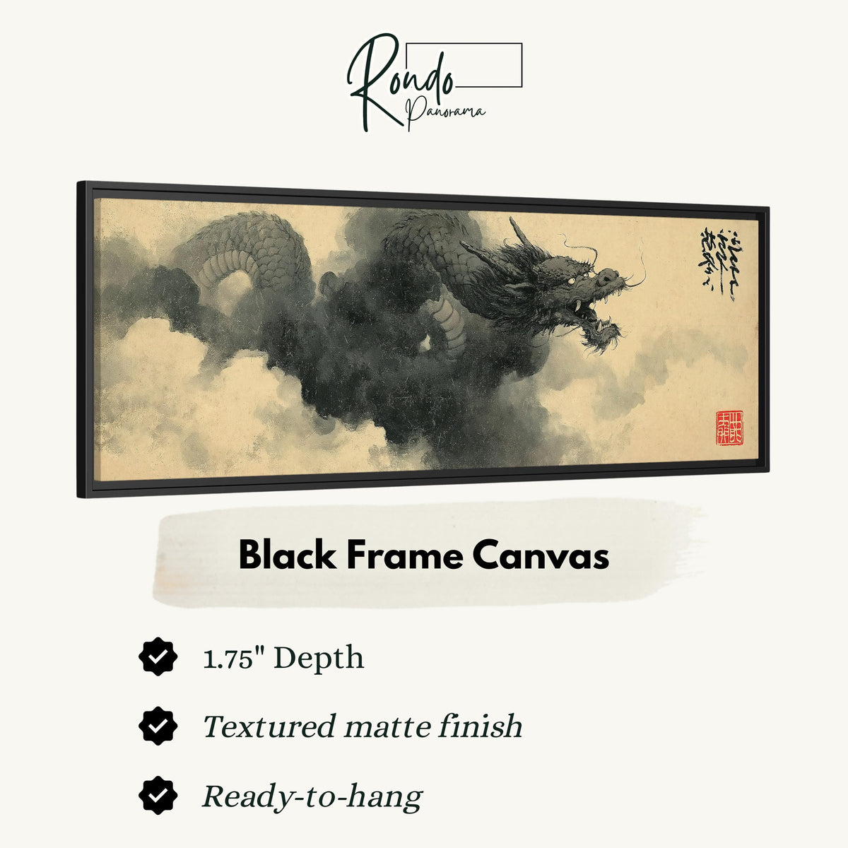 Storm dragon emerging from ink clouds canvas print in a black floating frame