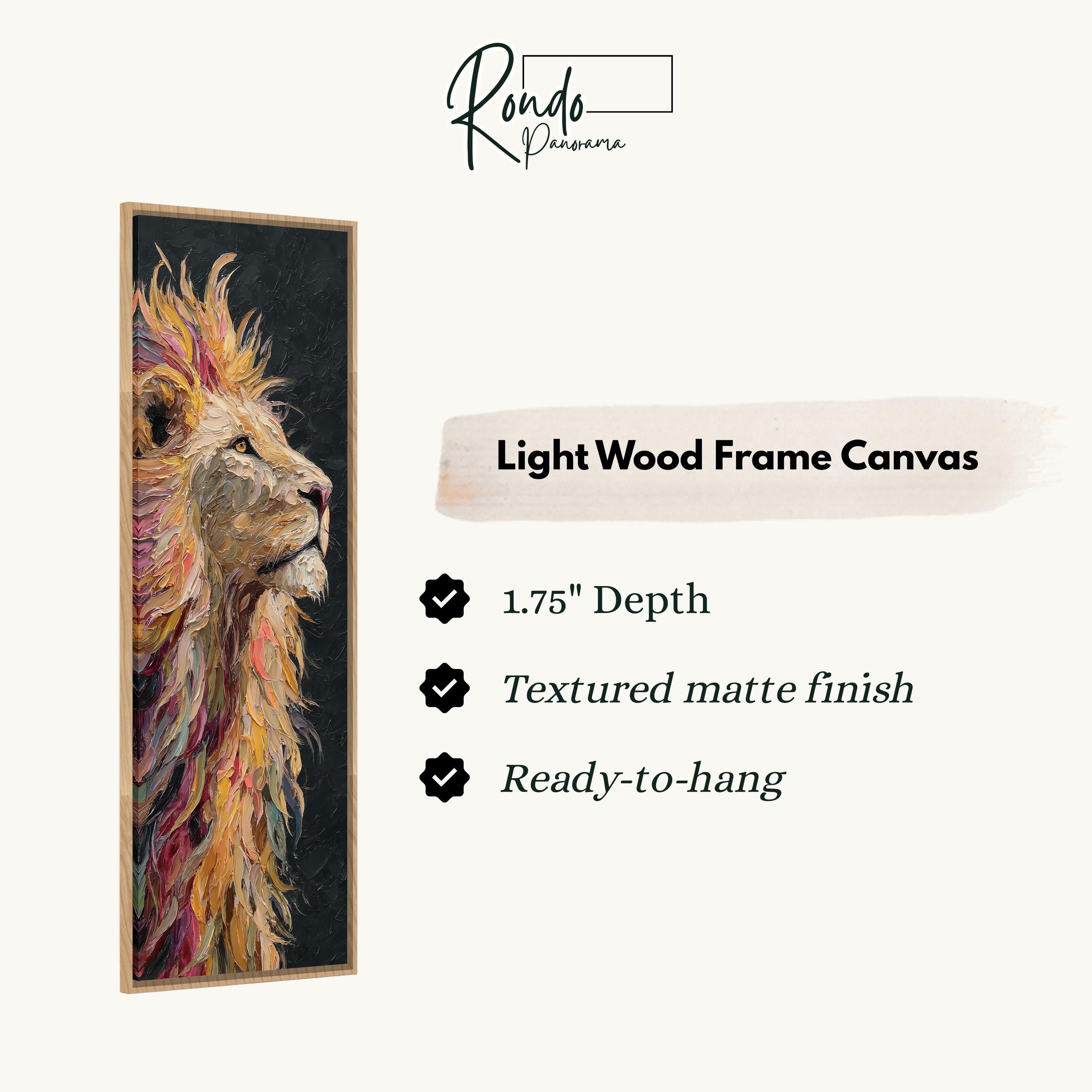 The image is a light wood frame canvas depicting a close-up of a lion's head.
