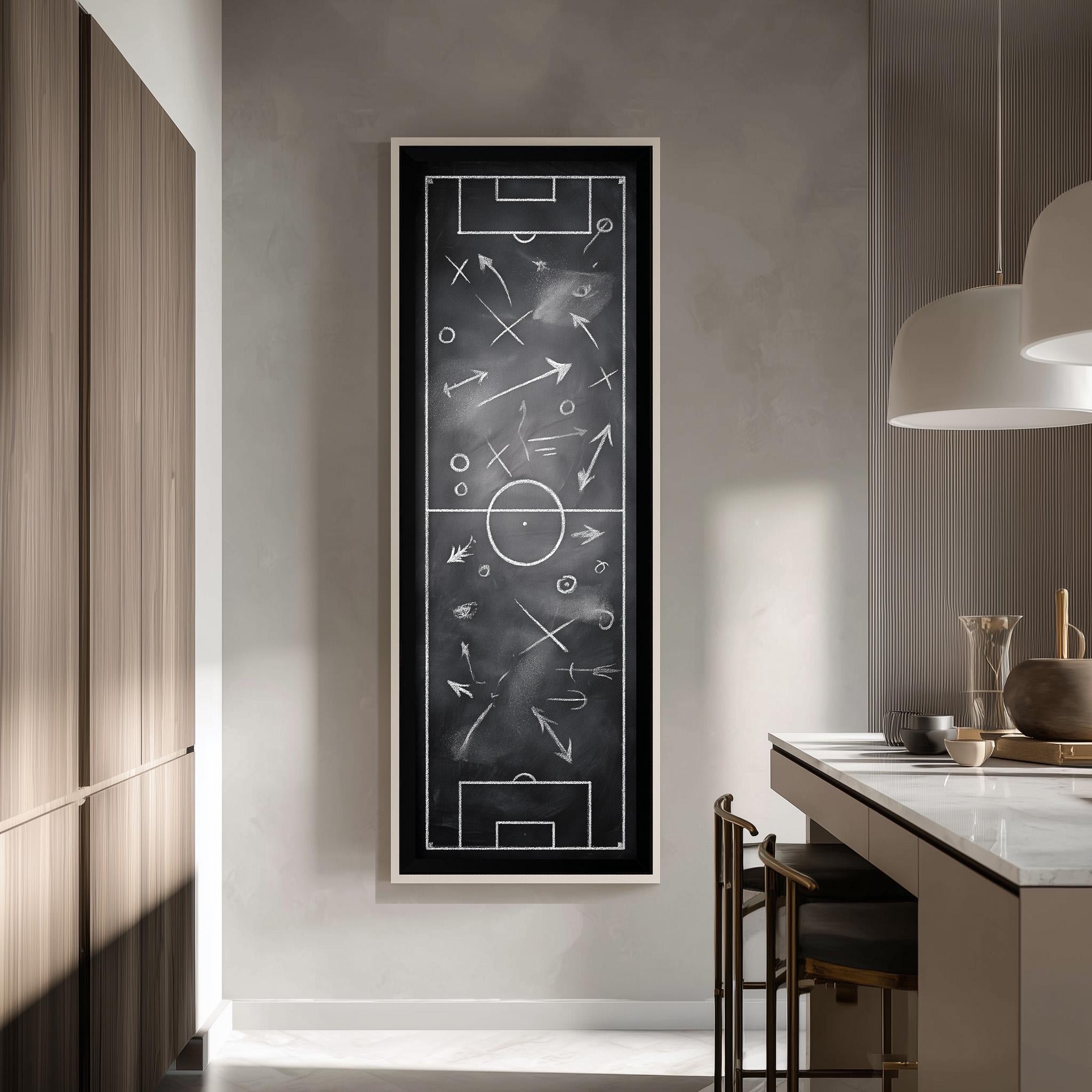 a modern kitchen with a large black and white graphic of a soccer field on the wall.