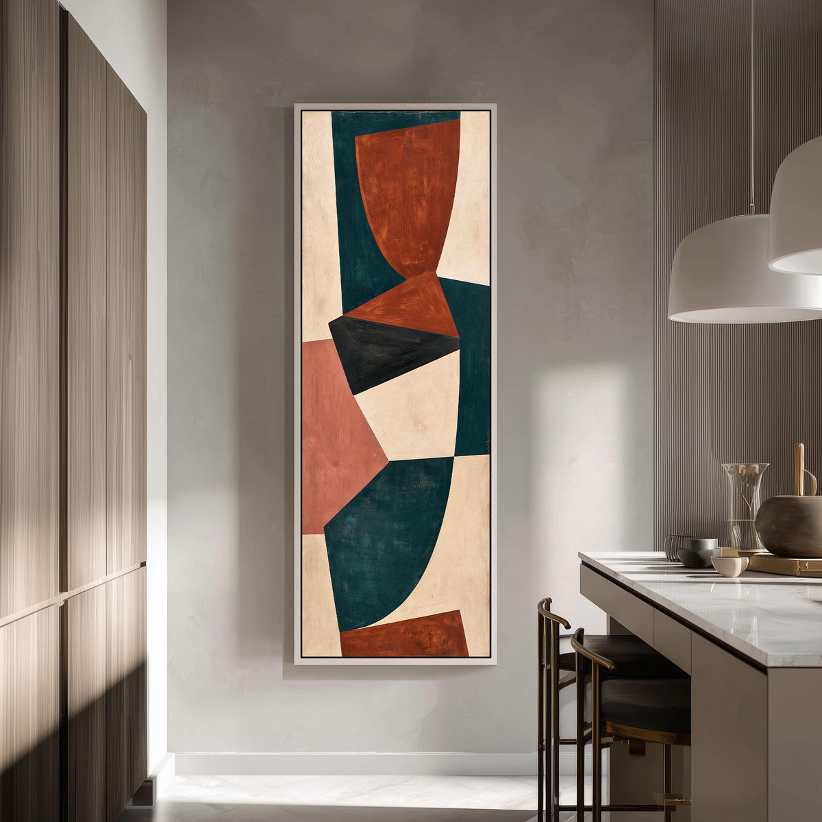 Curved blocks in rust, teal and cream tall skinny canvas print in a modern kitchen