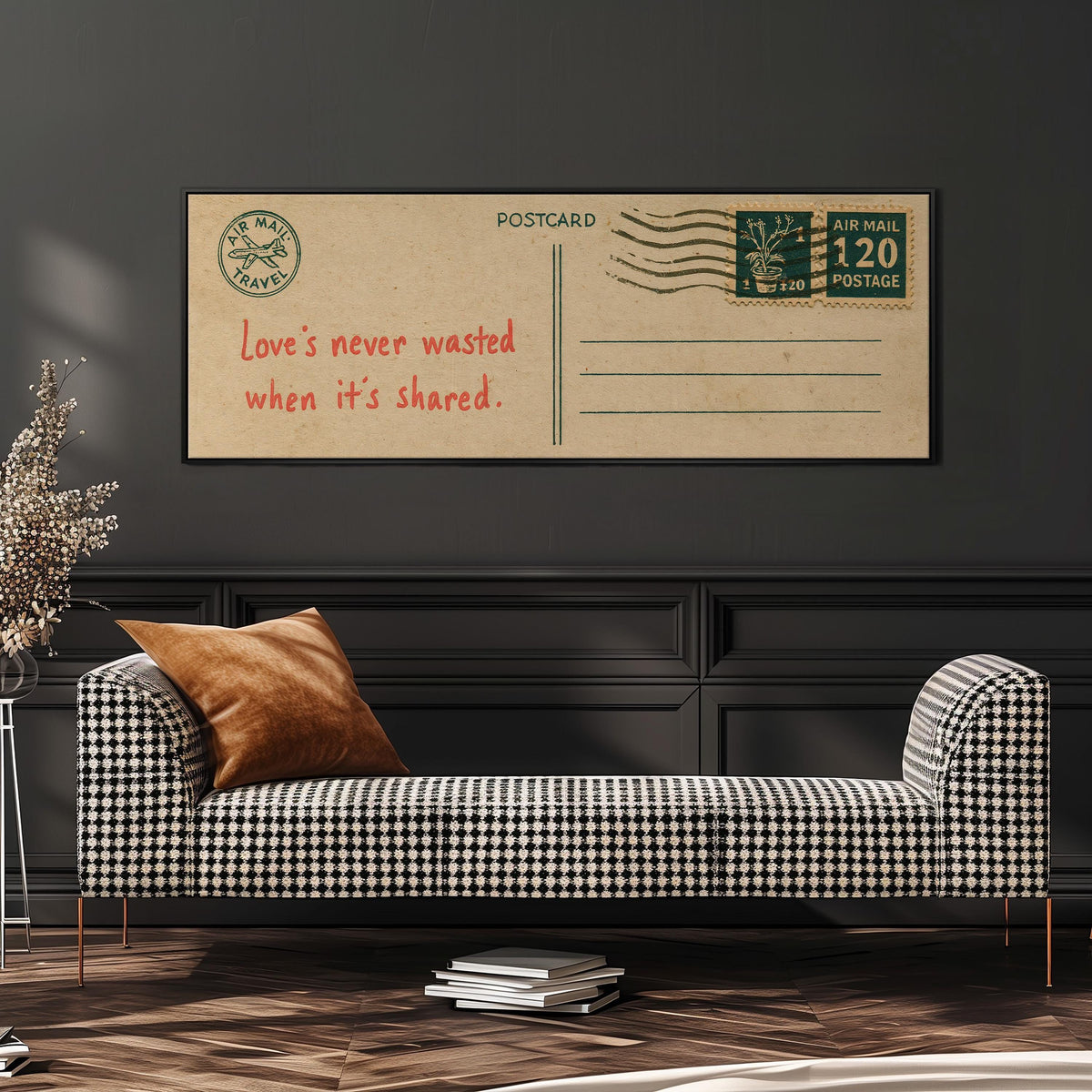 Vintage postcard with a love quote wide panoramic canvas print above a bench in a dark living room