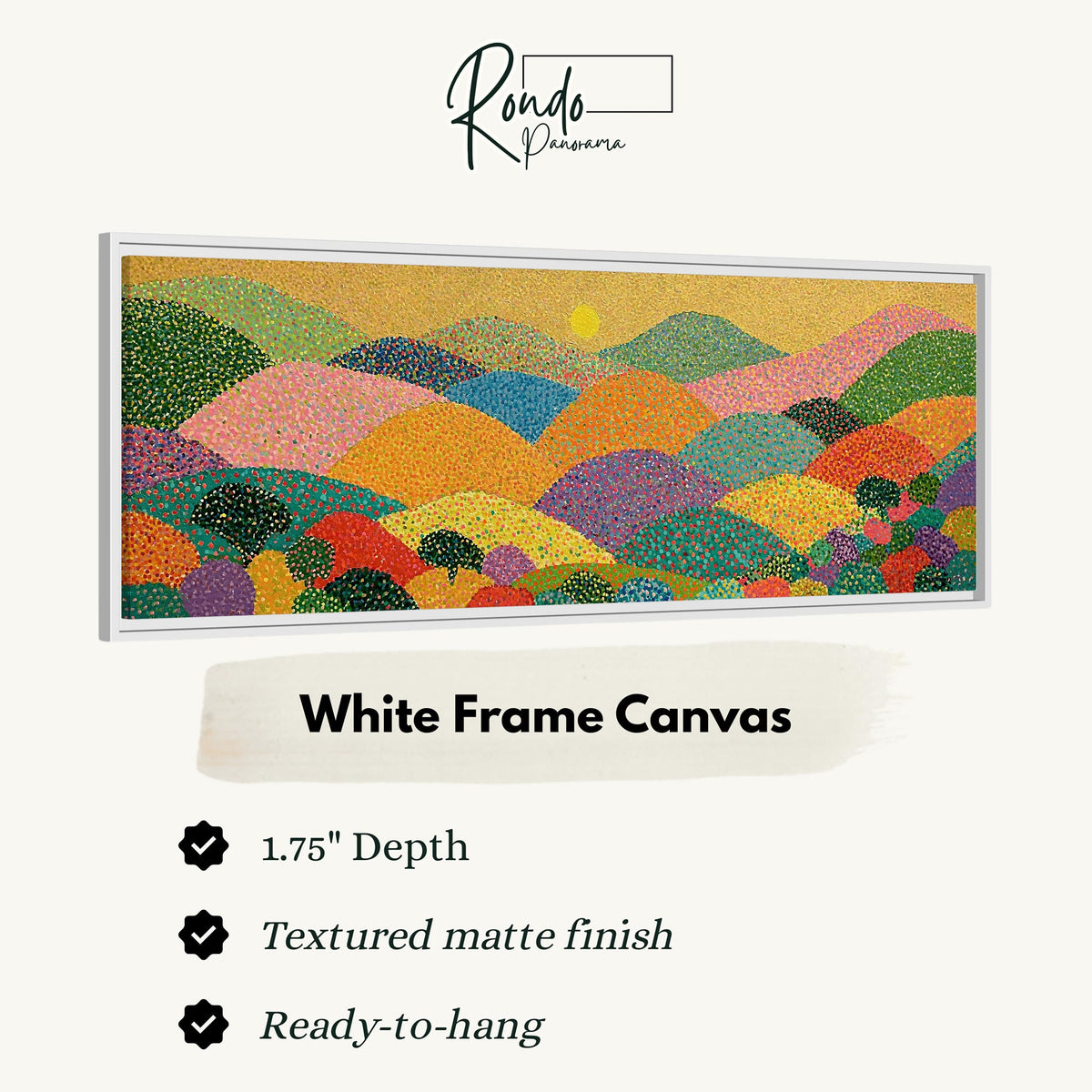 Dotted rainbow hills at sunset canvas print in a white floating frame