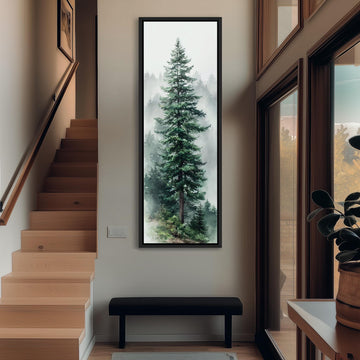 a large painting of a tall pine tree hanging on the wall of a room with wooden stairs and a bench.