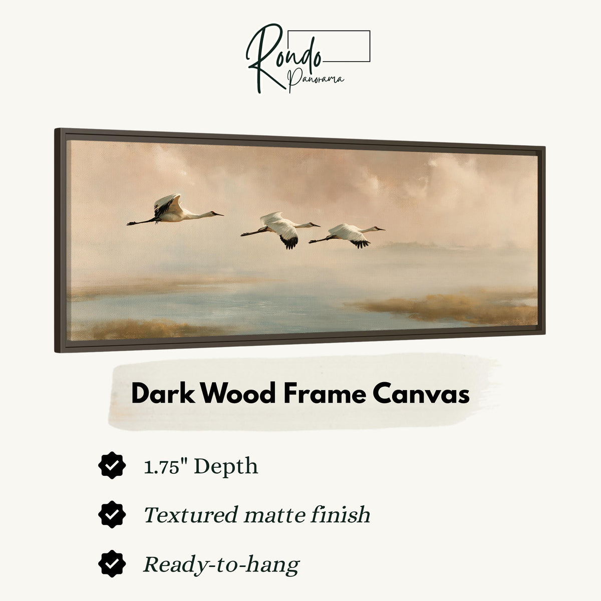 Cranes flying over a calm shore at dusk canvas print in a dark wood floating frame