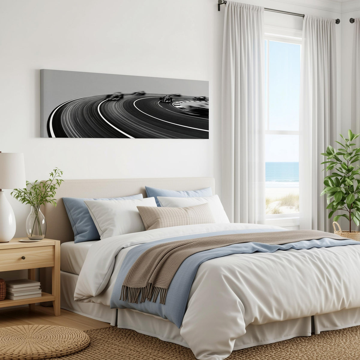 Race cars sweeping around a curve in black and white panoramic canvas print above a bed in a coastal bedroom