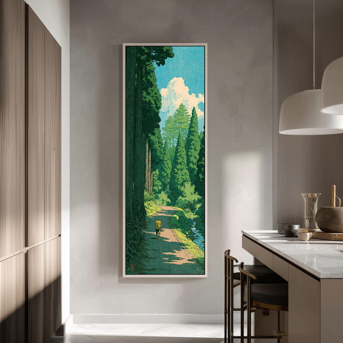 Hiker on a forest trail in a woodblock style tall skinny canvas print in a modern kitchen
