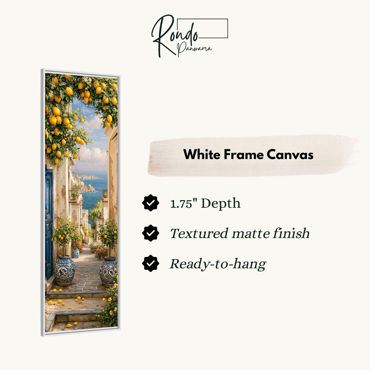 Lemon tree alley leading to the sea canvas print in a white floating frame