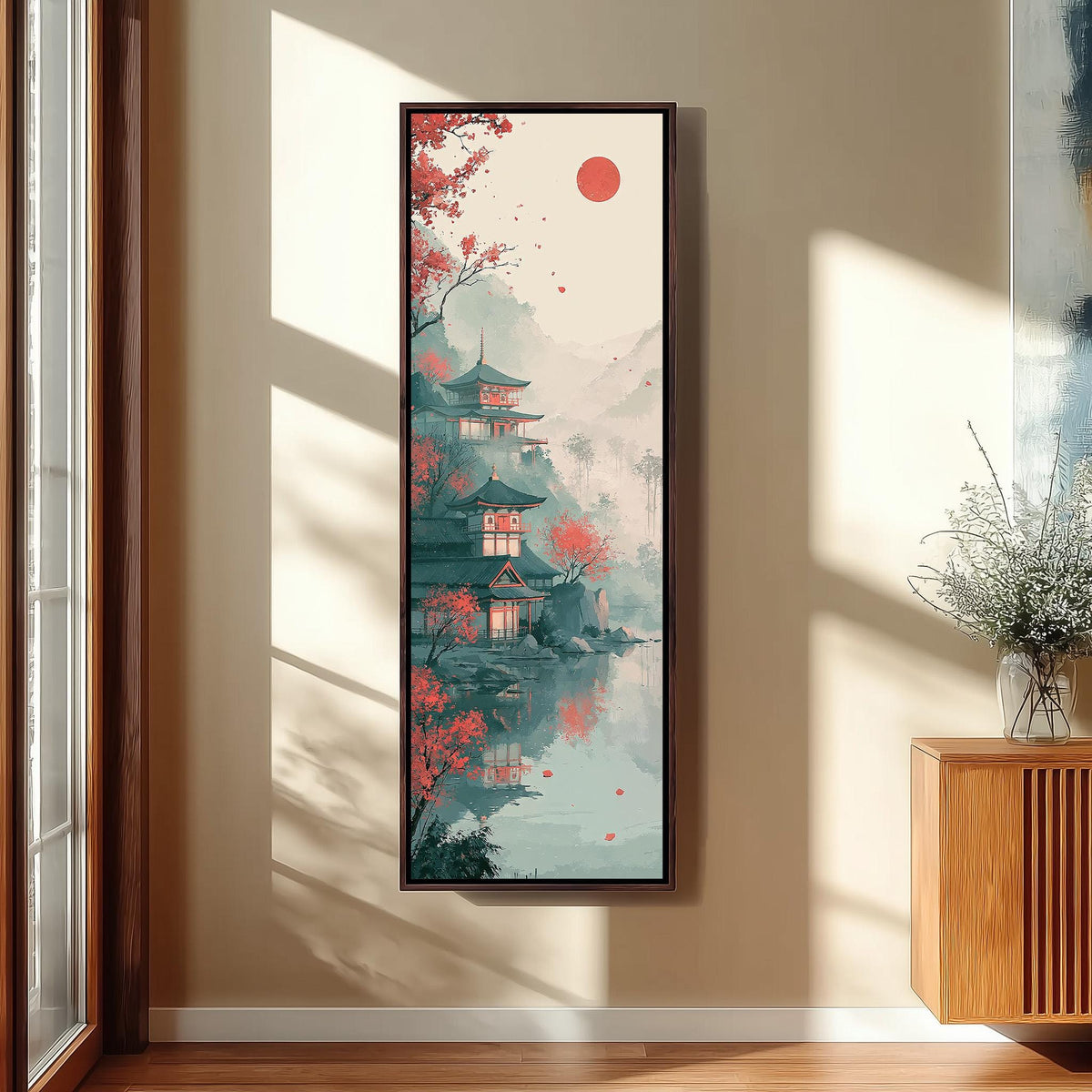 Pagoda by a misty lake under a red sun tall narrow canvas print beside a staircase in an entryway