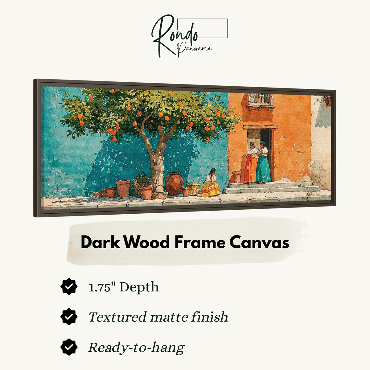 Orange tree on a colorful village street canvas print in a dark wood floating frame