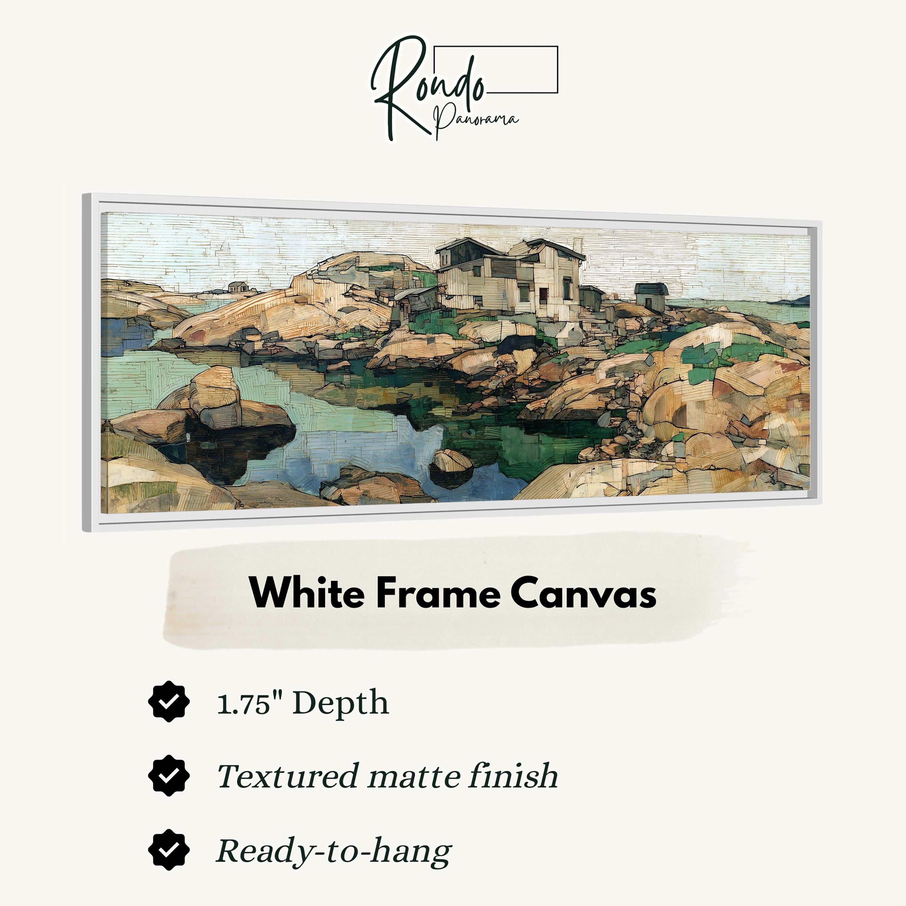 The image is a white frame canvas depicting a landscape with a house and a body of water.