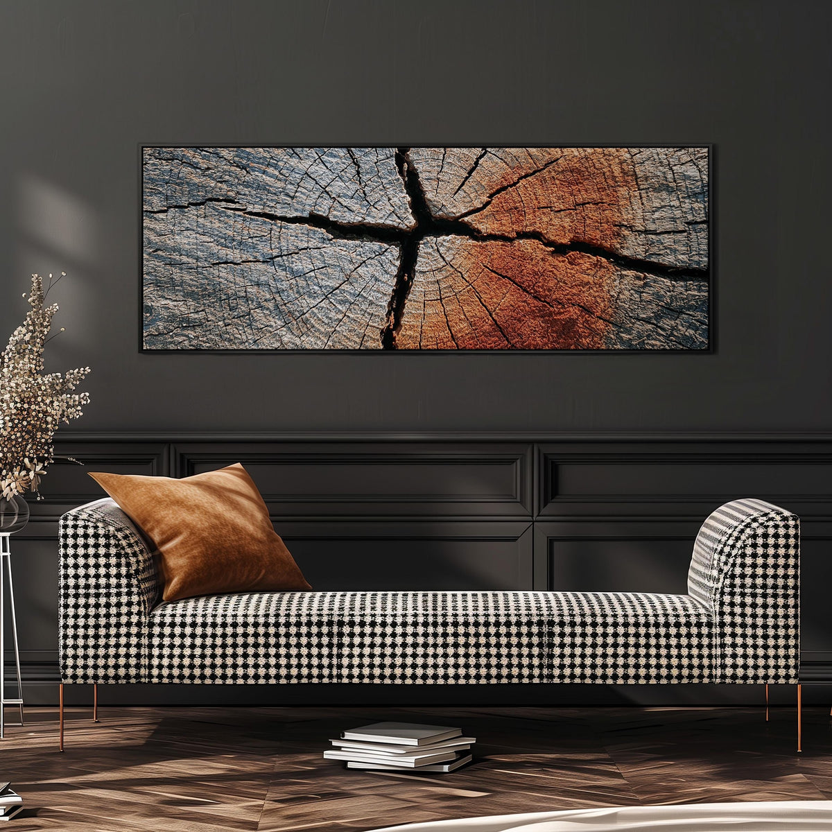 Copper cracked wood grain wide panoramic canvas print above a bench in a dark living room