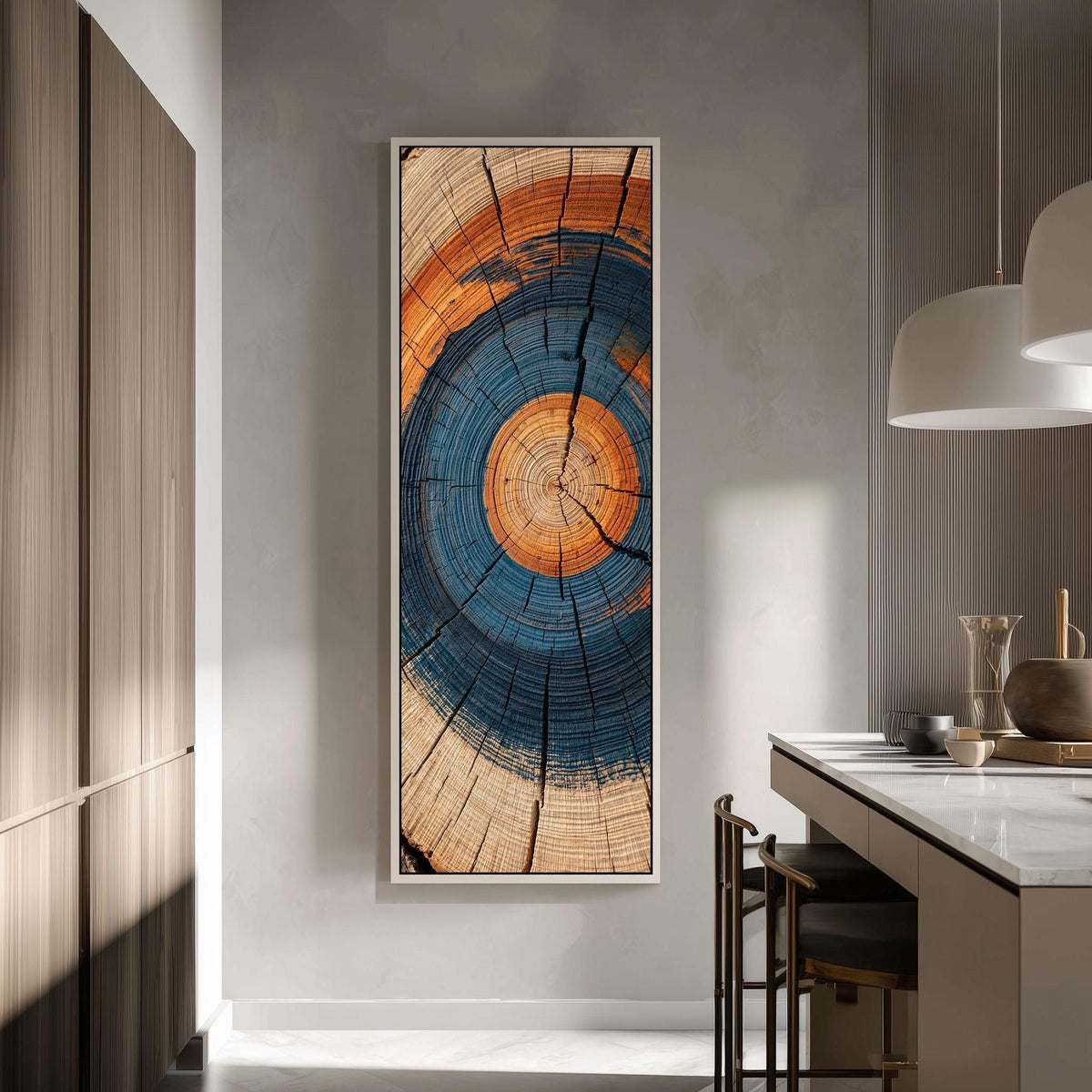 Blue and orange tree ring tall skinny canvas print in a modern kitchen