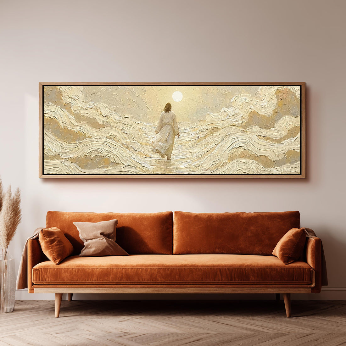 Jesus walking on golden waves long horizontal canvas print above a sofa in a living room
