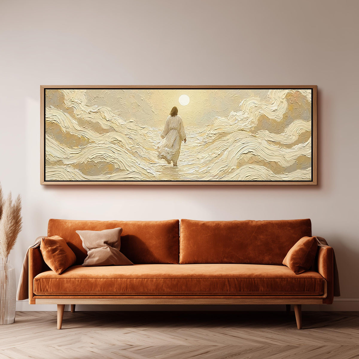Jesus walking on golden waves panoramic canvas print above a sofa in a living room