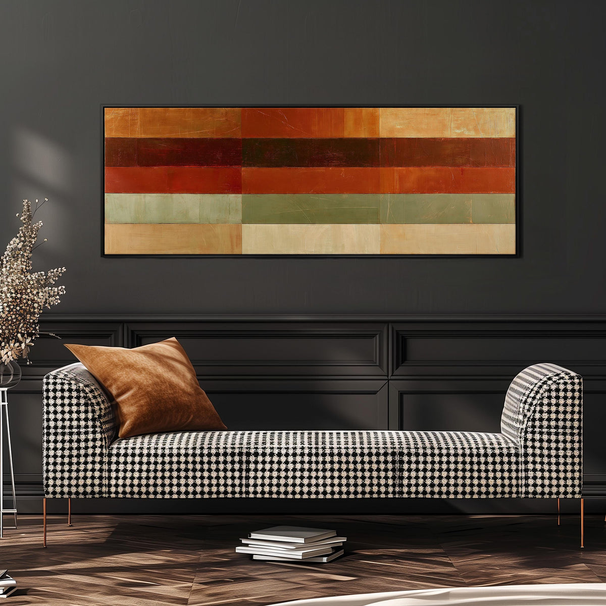 Amber, rust and sage horizontal color bands wide panoramic canvas print above a bench in a dark living room