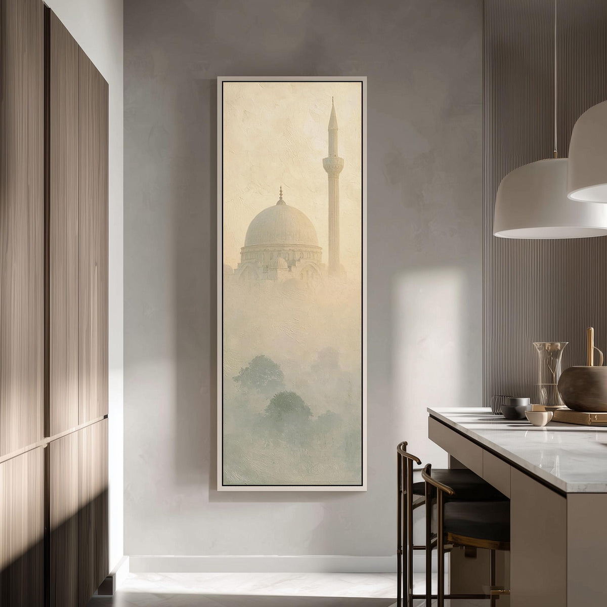 Mosque dome and minaret in the mist tall skinny canvas print in a modern kitchen