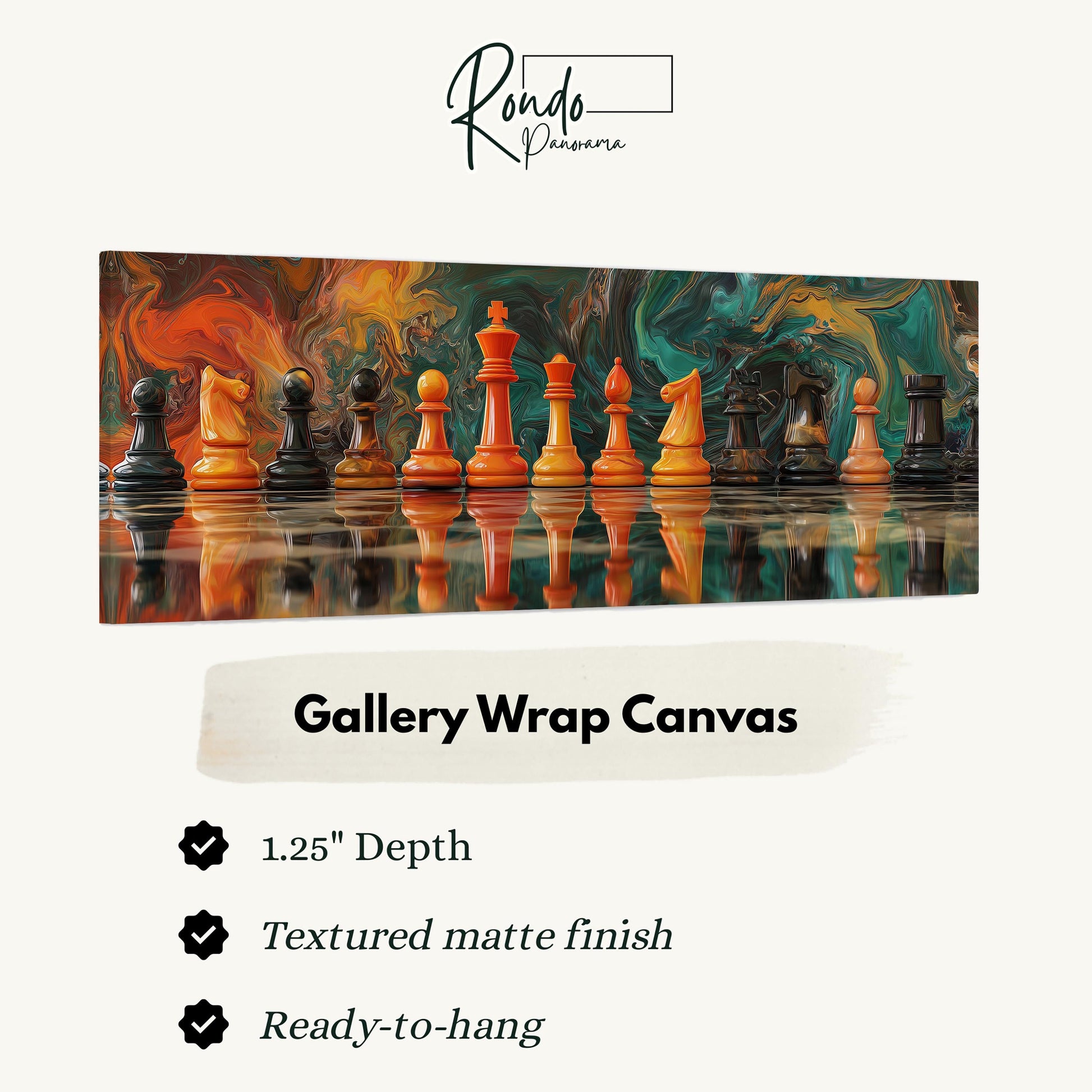 The image is a gallery wrap canvas featuring a chess set with a vibrant, swirling background.