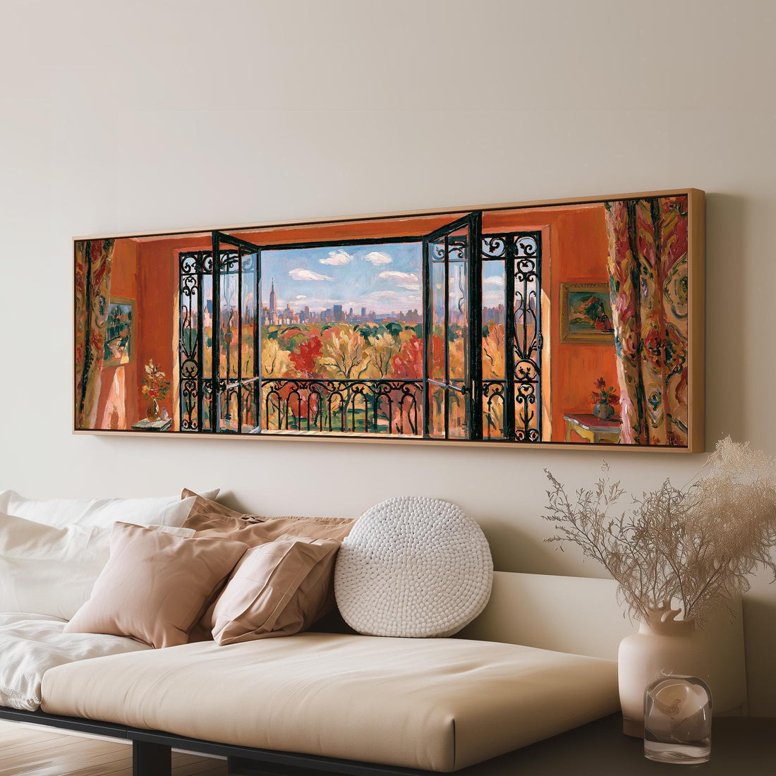 Central Park in autumn through an open window long horizontal canvas print above a sofa in a living room
