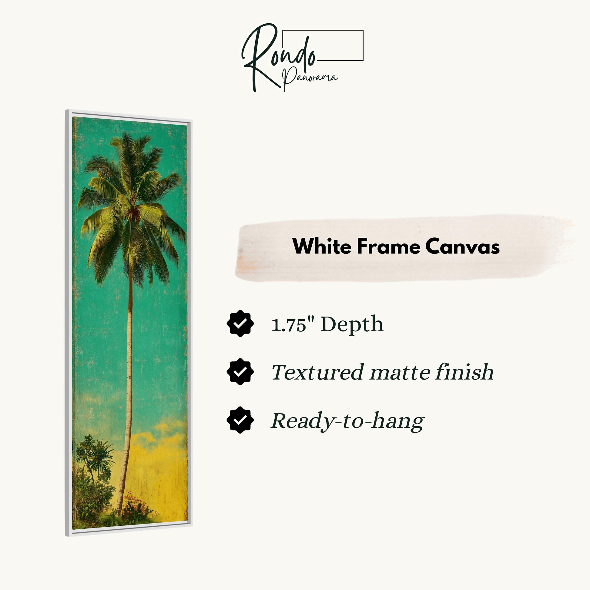 The image is a white frame canvas featuring a palm tree against a green and yellow background.