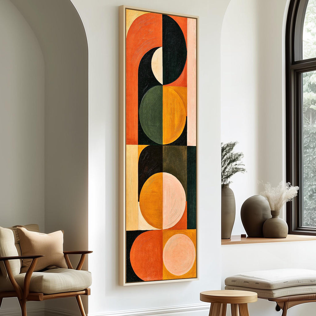 Stacked half moons and circles in orange and olive long vertical canvas print in a sunlit living space