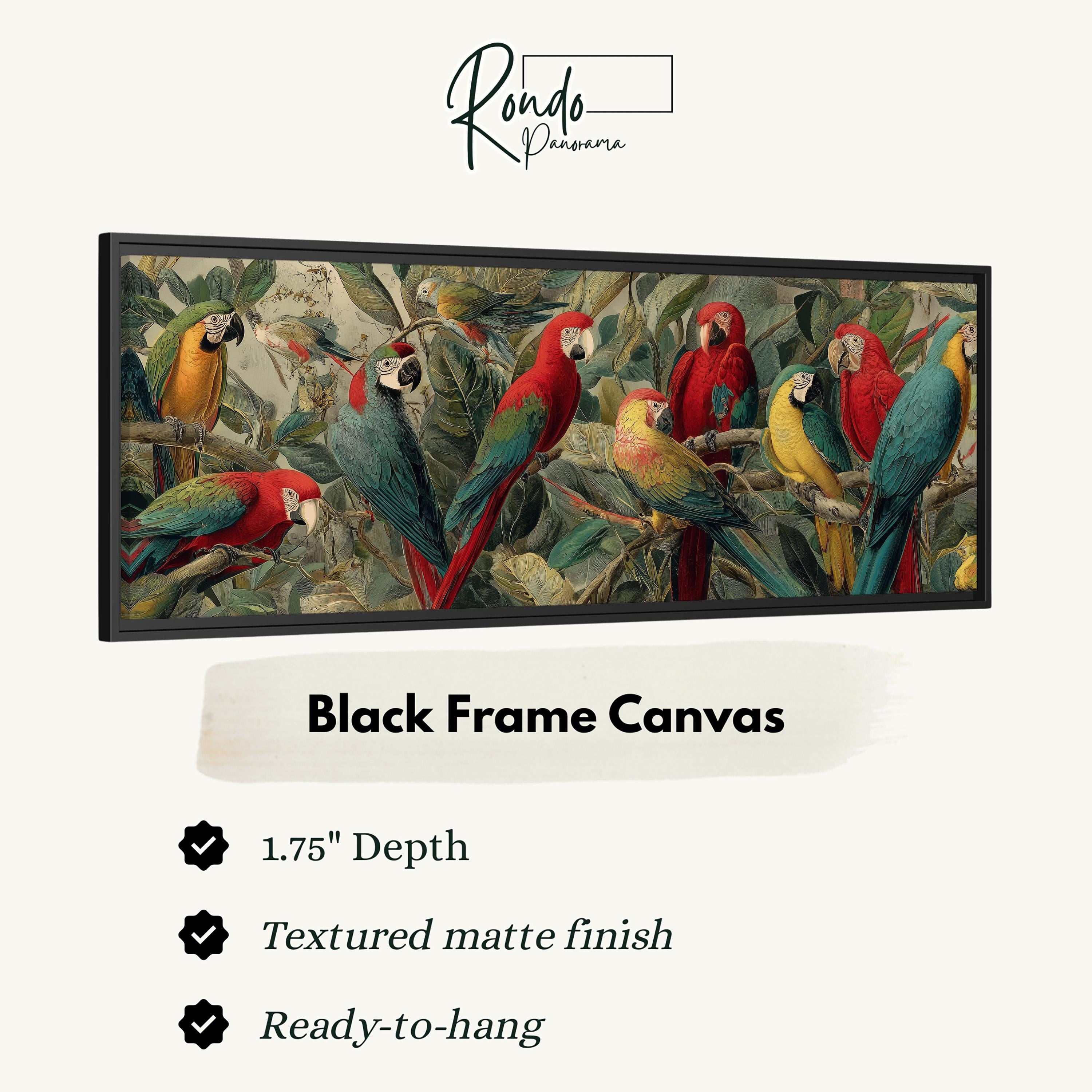 a large, colorful painting of a group of parrots perched on branches, with a black frame.