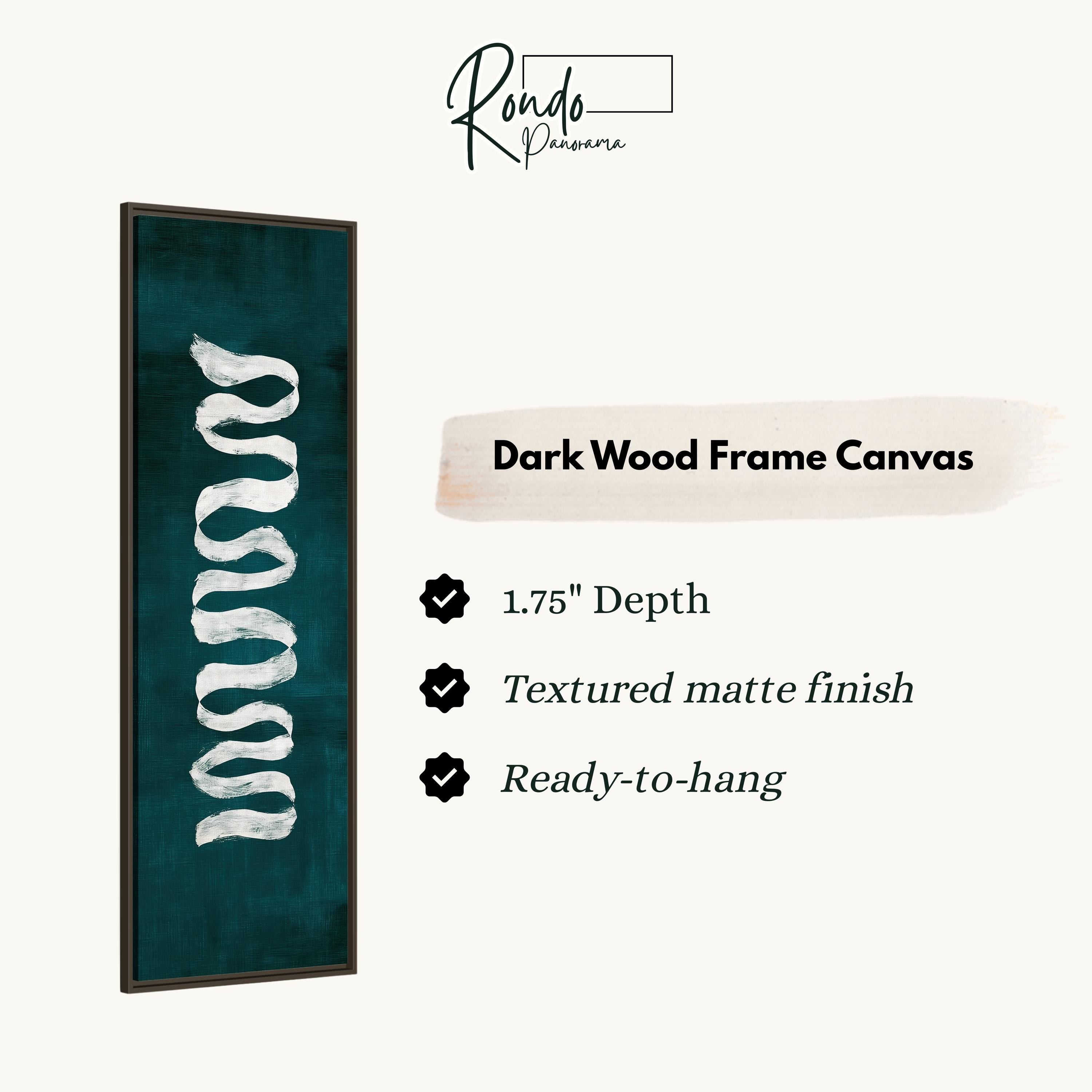 The image is a product description for a dark wood frame canvas. It features a dark green frame with a white design on it, and provides details about the product, including its dimensions, finish, and hanging capabilities.