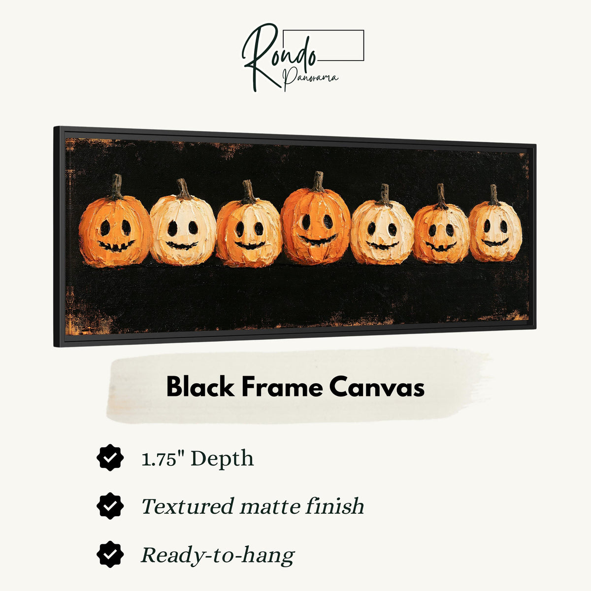 Row of smiling jack-o'-lanterns canvas print in a black floating frame