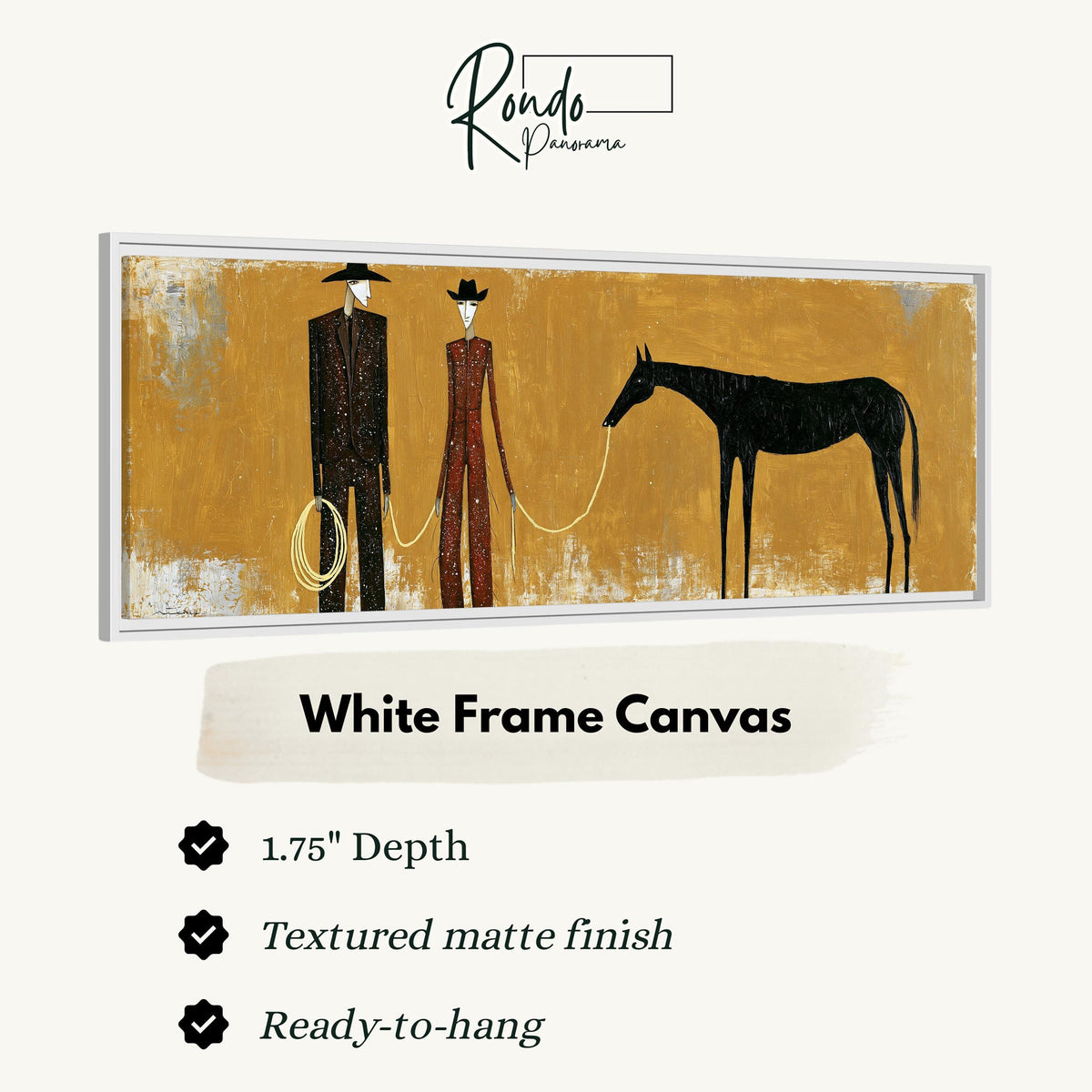 Two cowboys with a dark horse on gold canvas print in a white floating frame