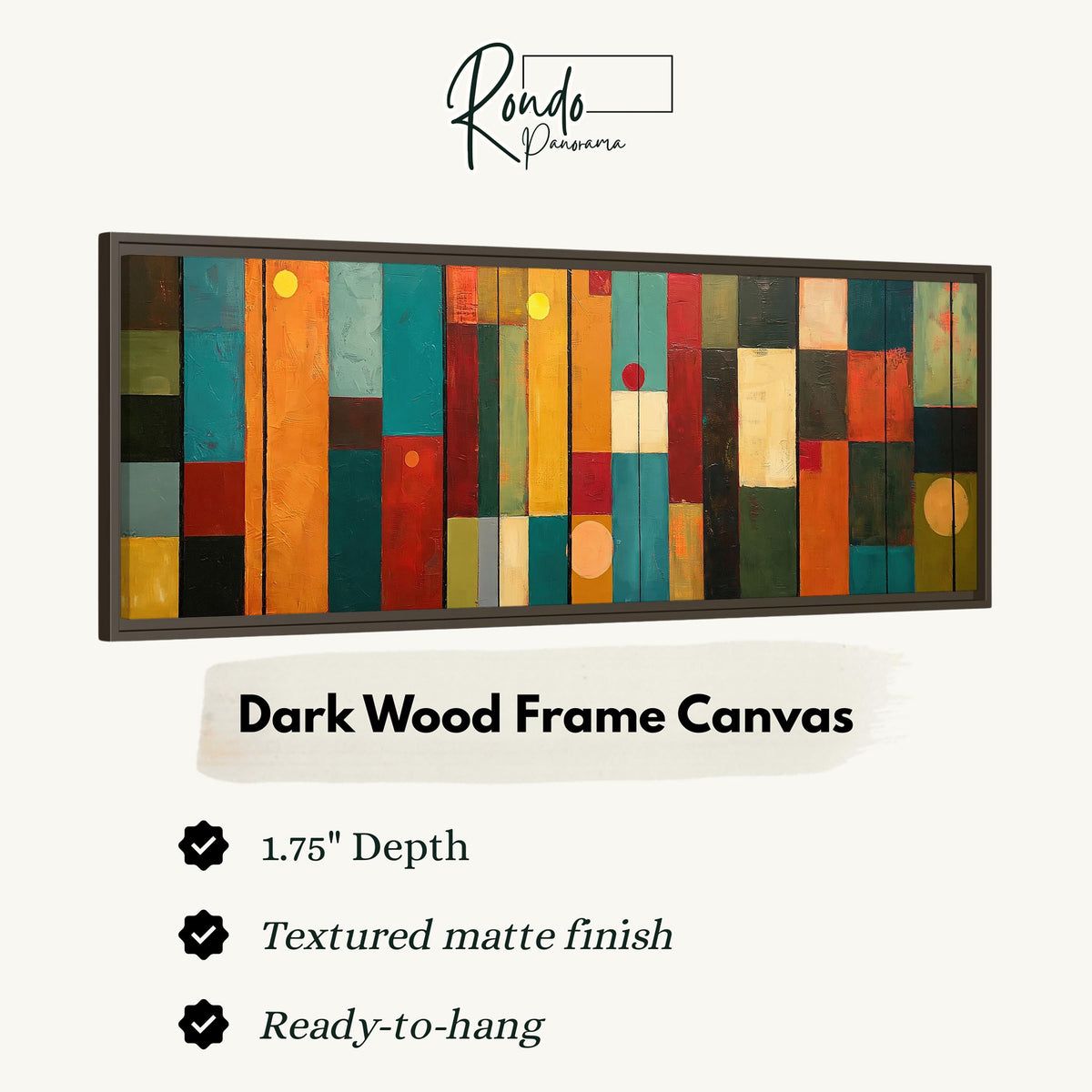 Color block panels with dots canvas print in a dark wood floating frame