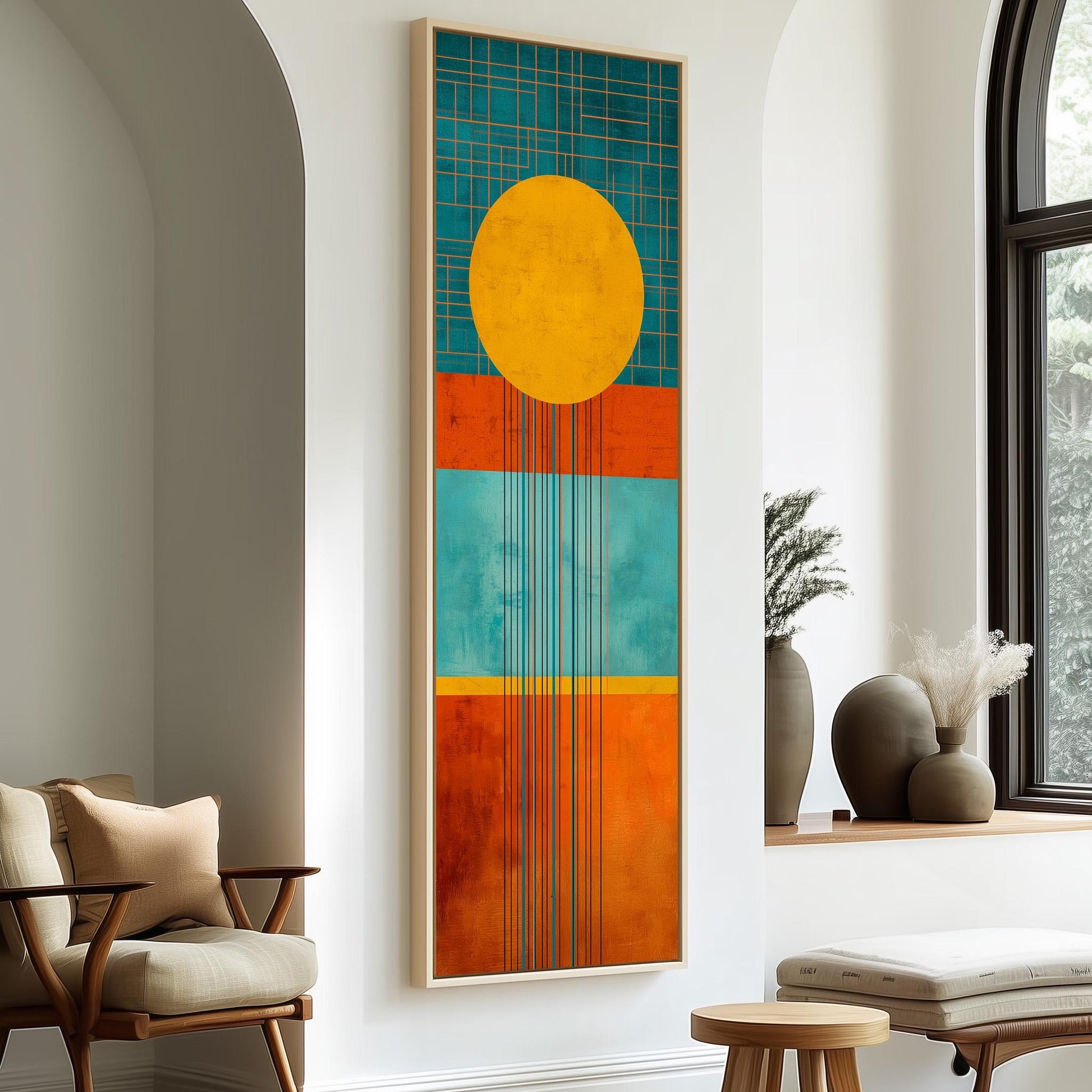 a modern living room with a large abstract painting hanging on the wall. The painting has a vibrant color scheme of blue, orange, and yellow, with a large yellow circle in the center. The room is furnished with a chair, a table, and a window with white curtains.