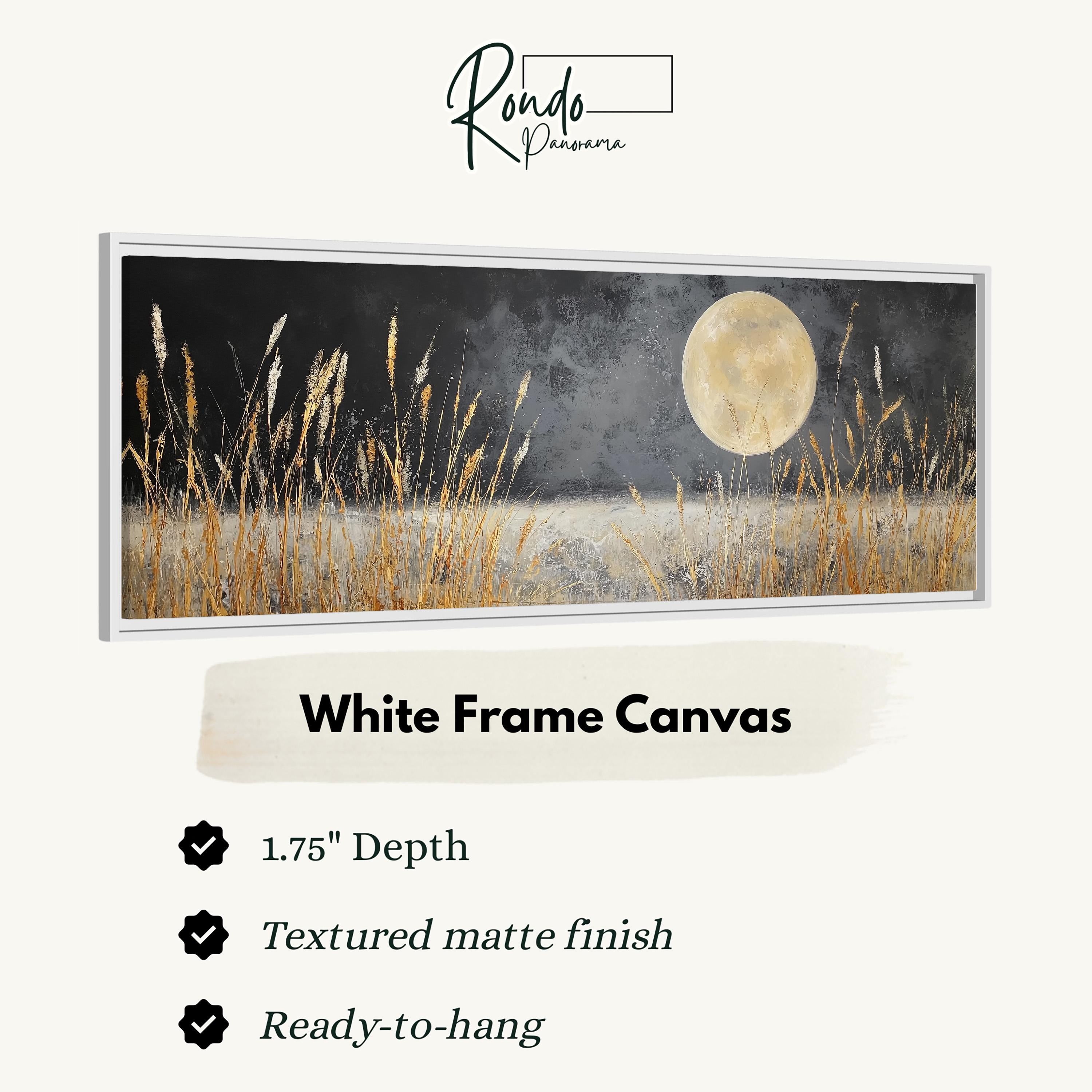 The image is a white frame canvas depicting a night scene with a full moon and tall grasses.
