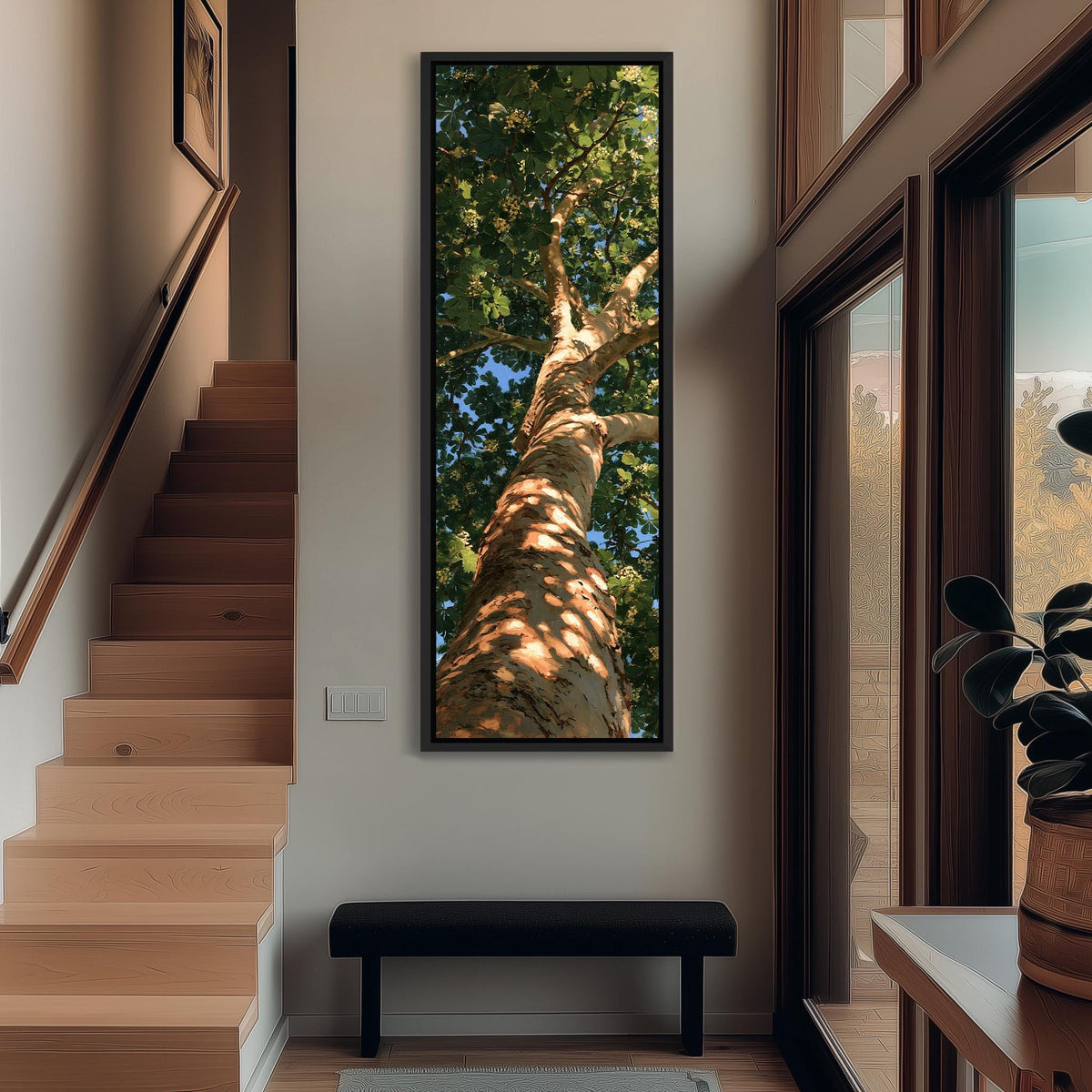 Sunlit tree trunk and summer canopy tall narrow canvas print beside a staircase in an entryway