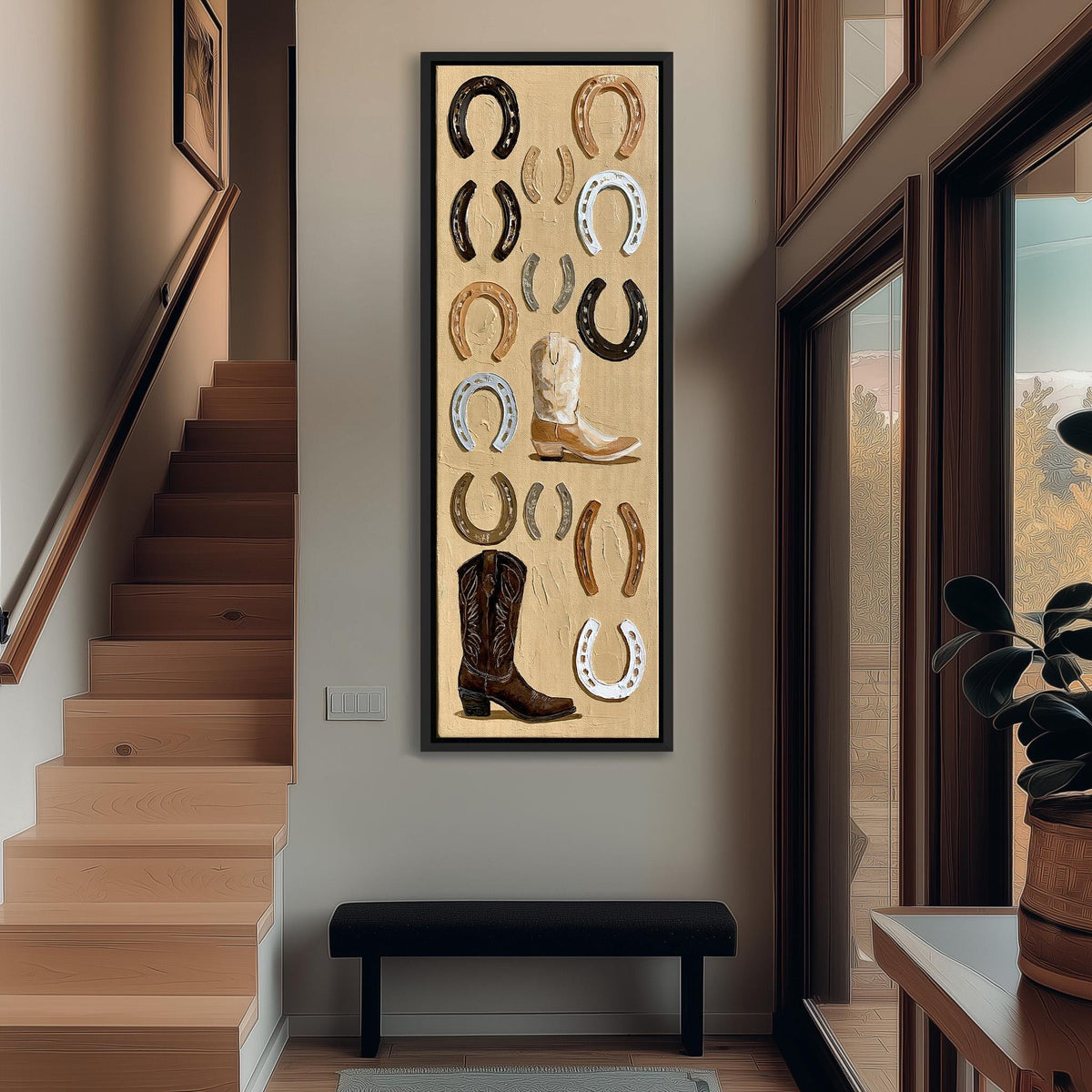 Horseshoes and cowboy boots flat lay tall narrow canvas print beside a staircase in an entryway