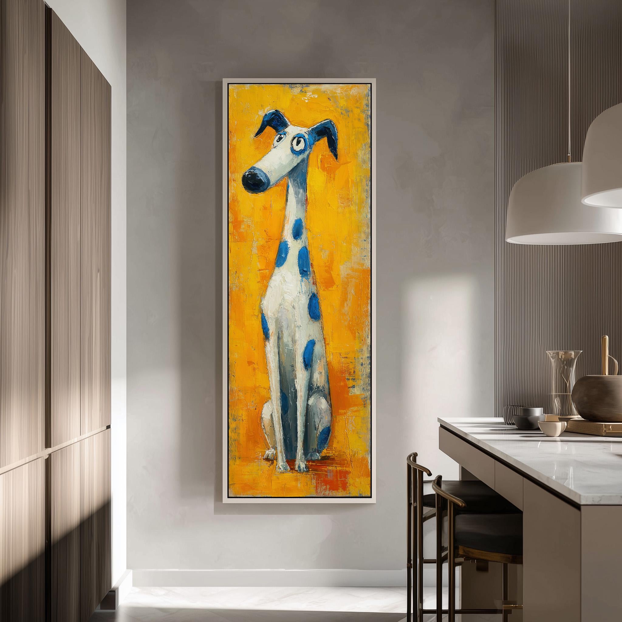 a large, colorful painting of a dog on an orange background, hanging on a wall in a modern kitchen.